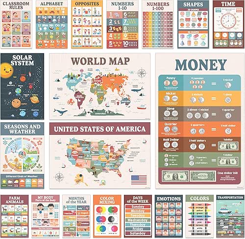 Decorably 20 Boho Educational Posters for Kindergarten, 11x17in Matte-Laminated Educational