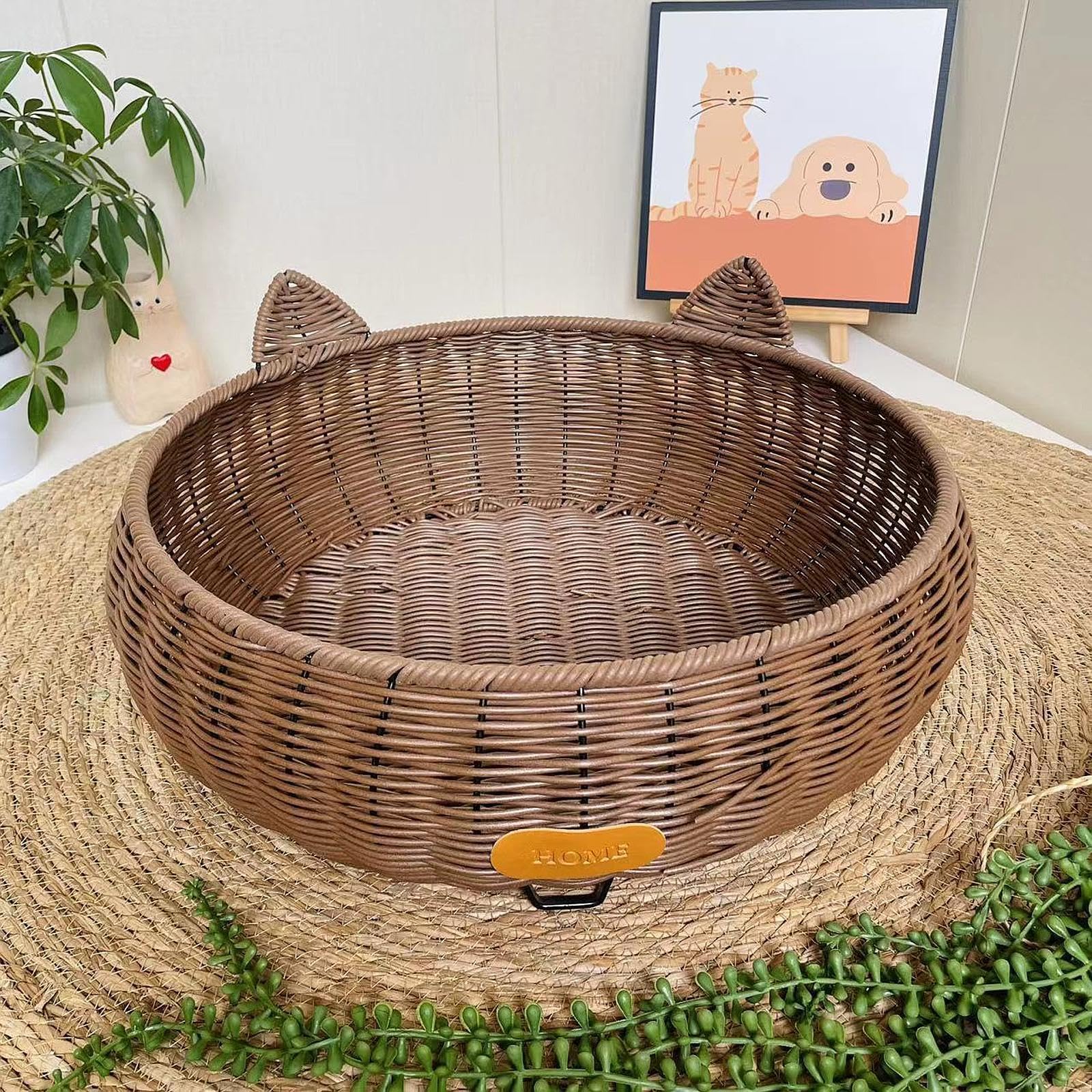 Geflochtener Katzenkorb Aus Rattan, Rund, Waschbar, Handgewebt, Strapazierfähig Und Weich, Geeignet für Katzen Und Kleintiere, S