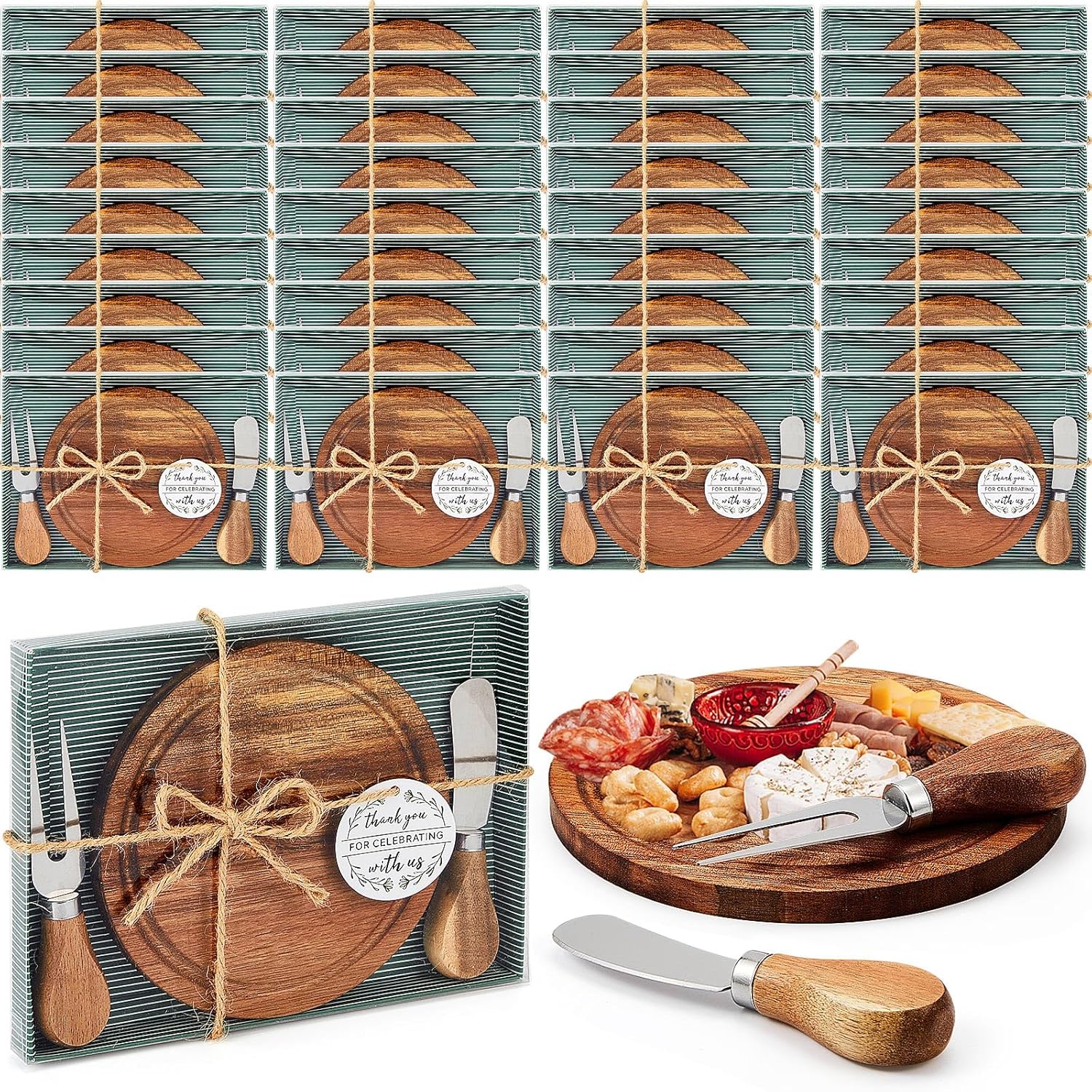 36 Sets Bridal Shower Baby Prizes Cheese Board Set Wood Round Mini Charcuterie Board with Knives and Forks Bulk Thank You Tags with Bridal Shower Gift Box for Guests Wedding Party (Acacia) 36 Acacia