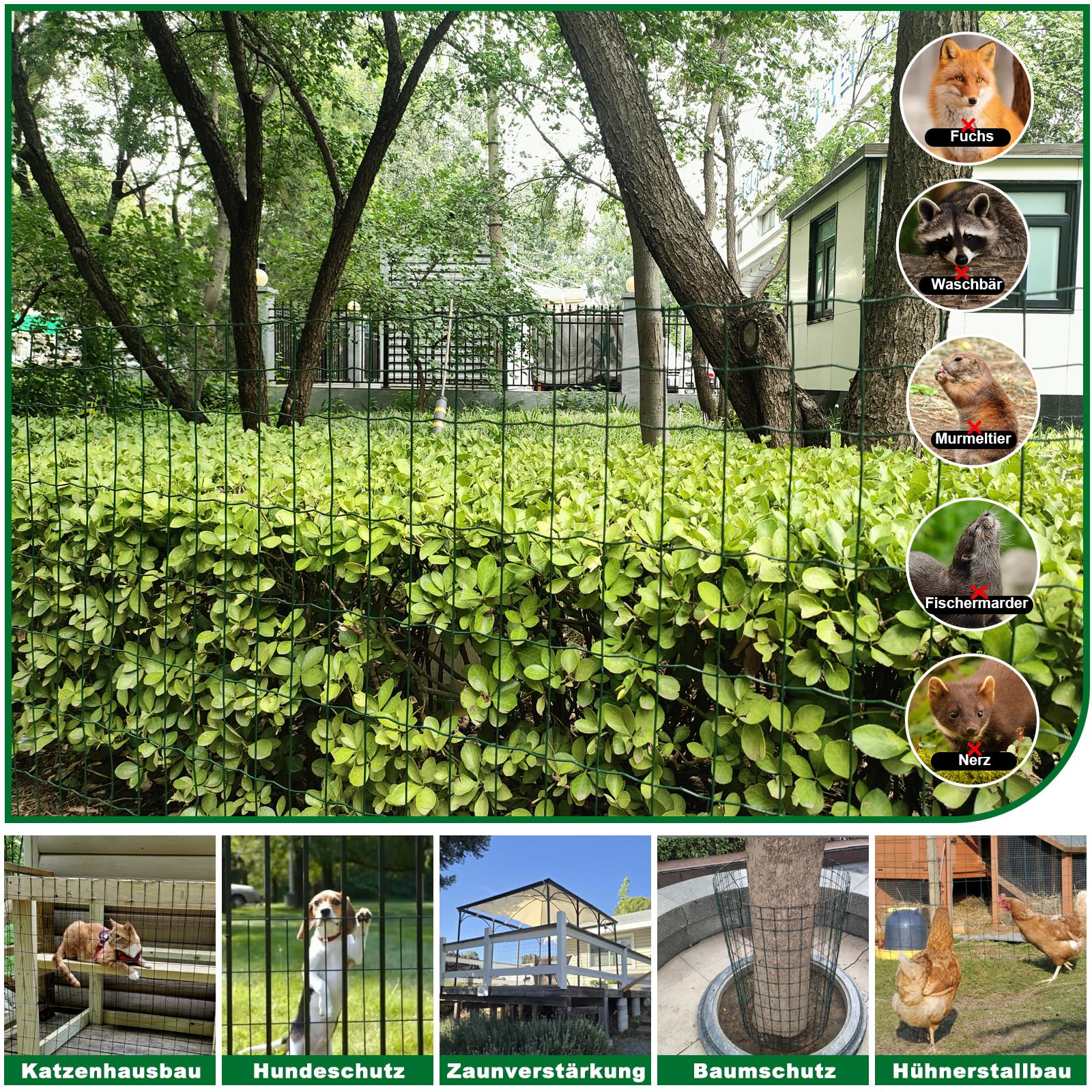 1x25m Gartenzaun Zaun PVC-beschichtet & verzinkt Maschendraht Metallzaun Drahtstärke 2,1 mm Maschen 5x5cm / 5x10cm, Tiefgrün – Robustes Drahtgeflecht für Garten, Tiere und Beet