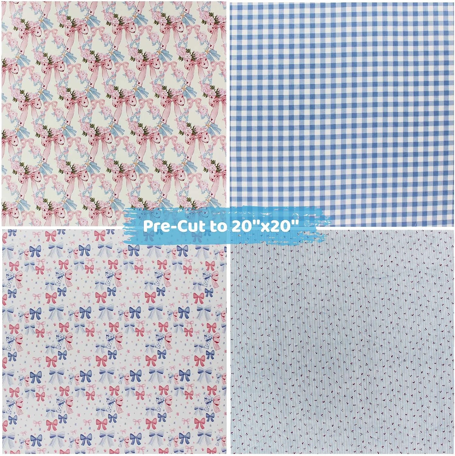 Bow Cotton Fabric Bundle 20x20 Inch, Pink Blue Quilt Fabric Squares for Quilting & Sewing, 7PCS image 2