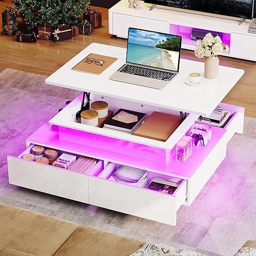 Miniatura 6 de YITAHOME - Mesas de centro con tapa LED y elevación para sala de estar, mesa de café de alto brillo con almacenamiento y 4 cajones espaciosos, mesas