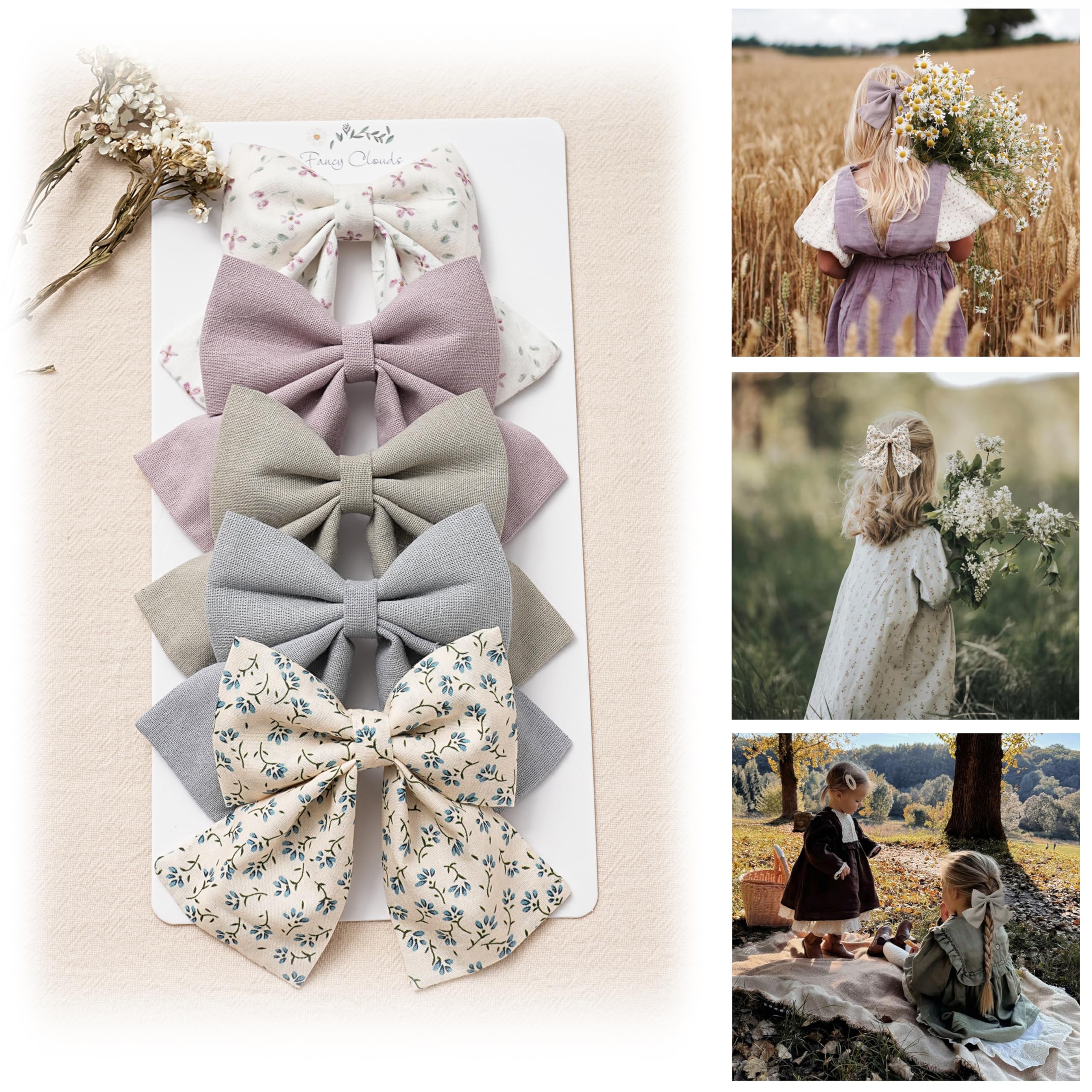 Hair Bows with Hair Clips for Girls Toddler Baby,Handmade 5" Flower Print Embroider Big Bows,FANCY CLOUDS Boutique Hair Accessorioes Gifts for School