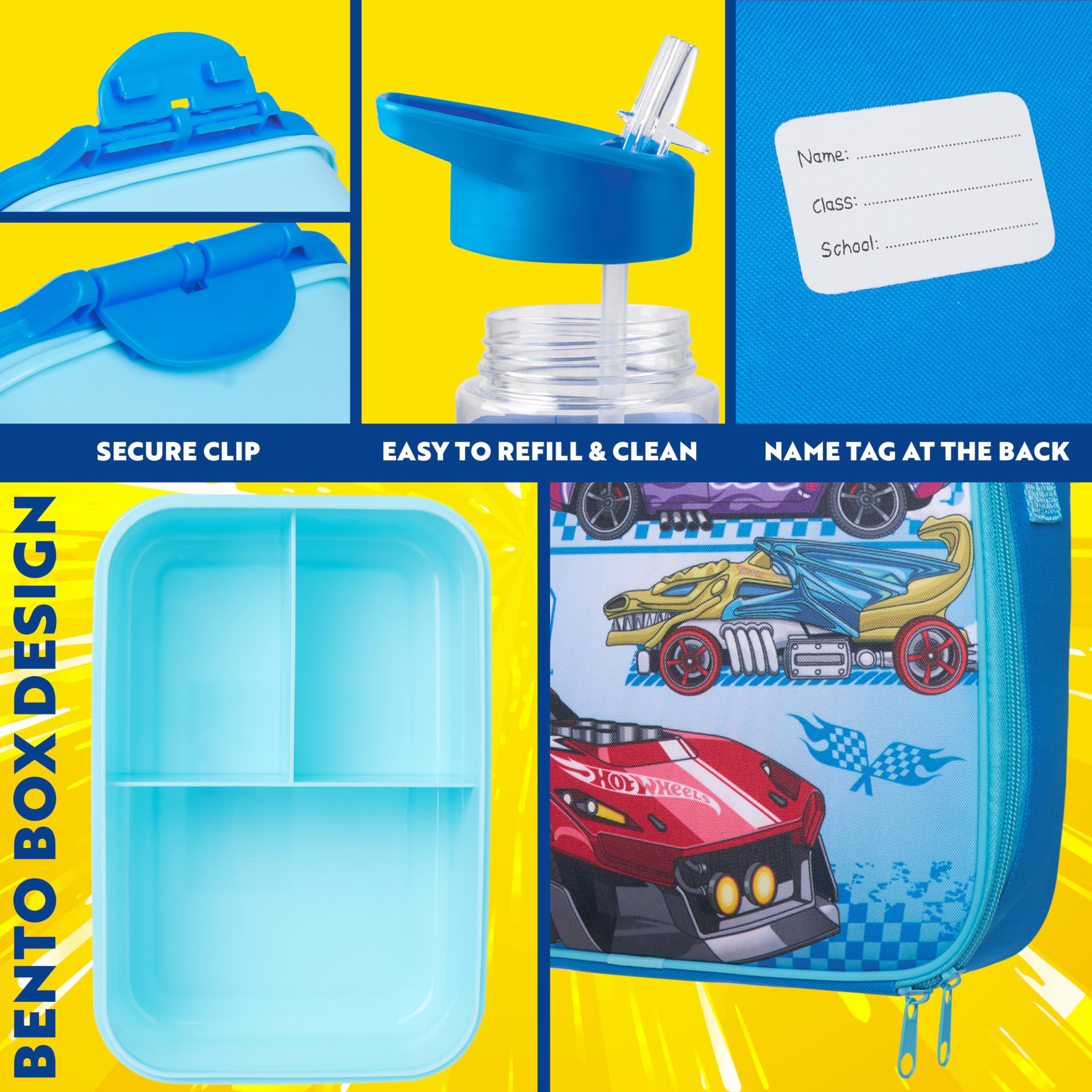 Get Trend Hot Wheels Sac Isotherme Repas Boîte à Goûter Gourde Enfant 400ml Set Déjeuner 3 Pièces Garçon Sans BPA École Voyage Pique Nique (Bleu Hot Wheels)