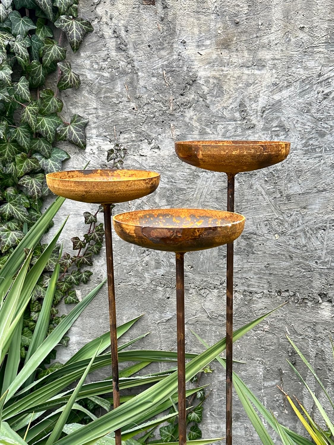 Bird Bath Outdoor Garden Decor, Rusty Flower Garden Stakes, Set of Three 6” Bird Feeders, Metal Water Bowl, Yard Art, Rustic Garden Accent