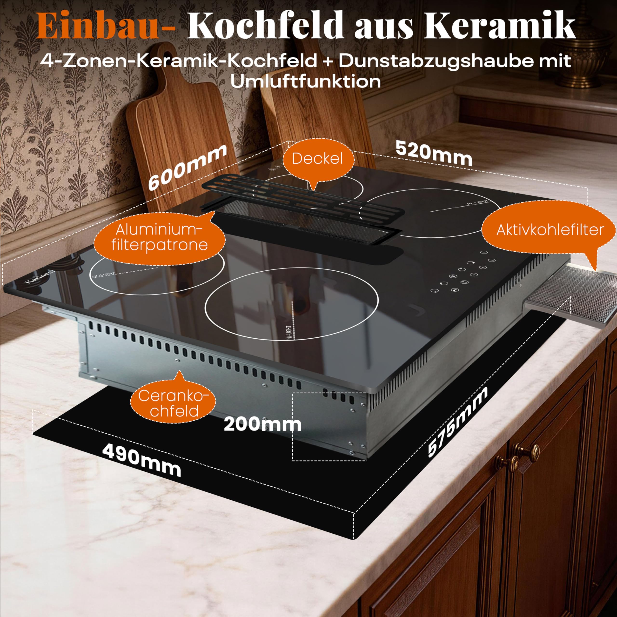 Karinear Kochfeld mit Dunstabzug 60 cm, 6000W, 4 Platten, Touch, Timer | 60 cm Kochfeld mit Dunstabzug, 6000W, Herdplatte 4 Kochfelder, Integrierter Abzug, Touch-Steuerung, Timer und Pause-Funktion.