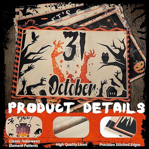 Miniatura 3 de Umigy 6 manteles individuales de Halloween de 12 x 18 pulgadas, manteles individuales góticos de murciélago para decoración de cocina, manteles