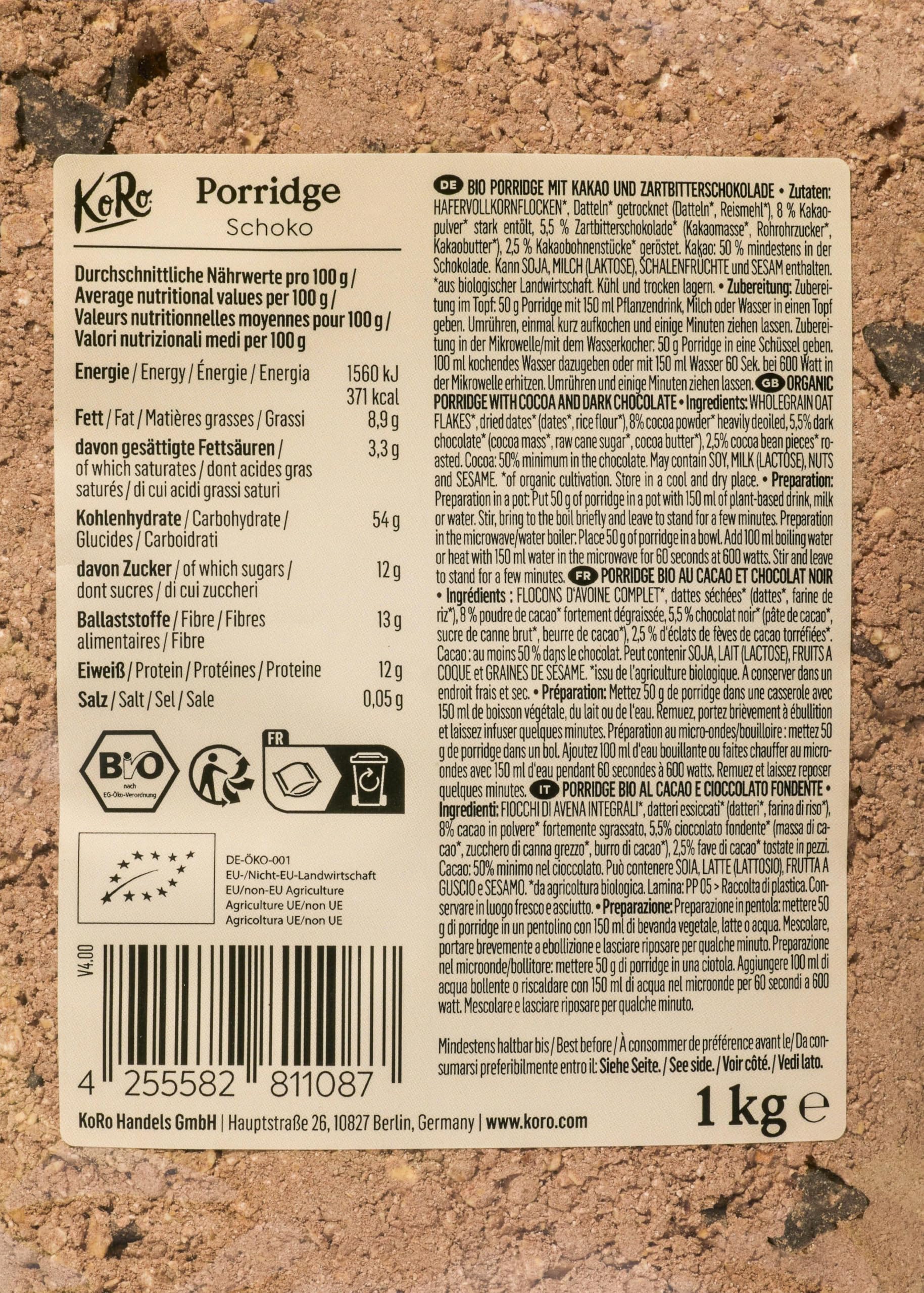 KoRo - Bio Schoko Porridge 1 kg - Vegan - Mit Zartbitterschokolade und Kakaostücken - Im Handumdrehen zubereitet
