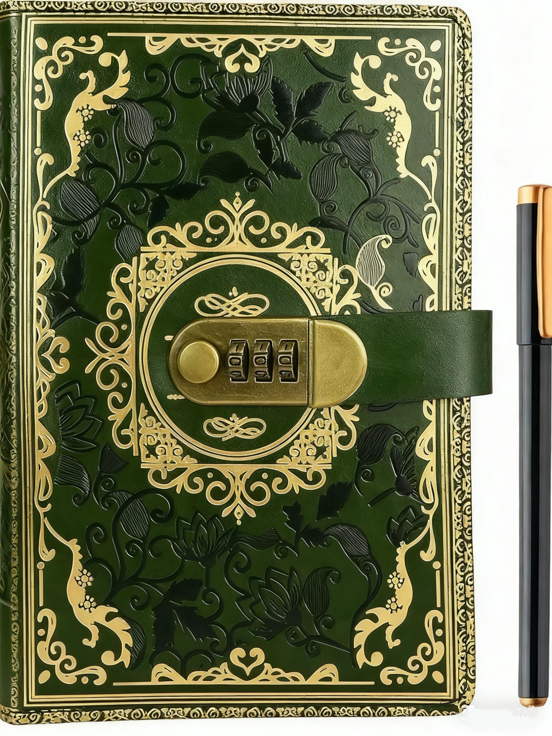 A5 Journal With Lock, Vintage Leather Diary With Lock, 200 Pages Lined Paper Notebook With Pen, Secret Diary With Combination Password, Locked Journal for Women, Girls, Travel Writing (Green)