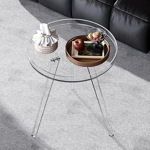 Miniatura 6 de Mesa auxiliar de acrílico transparente, mesa auxiliar redonda, mesita de noche, mesita de noche, círculo pequeño con bandeja para sala de estar