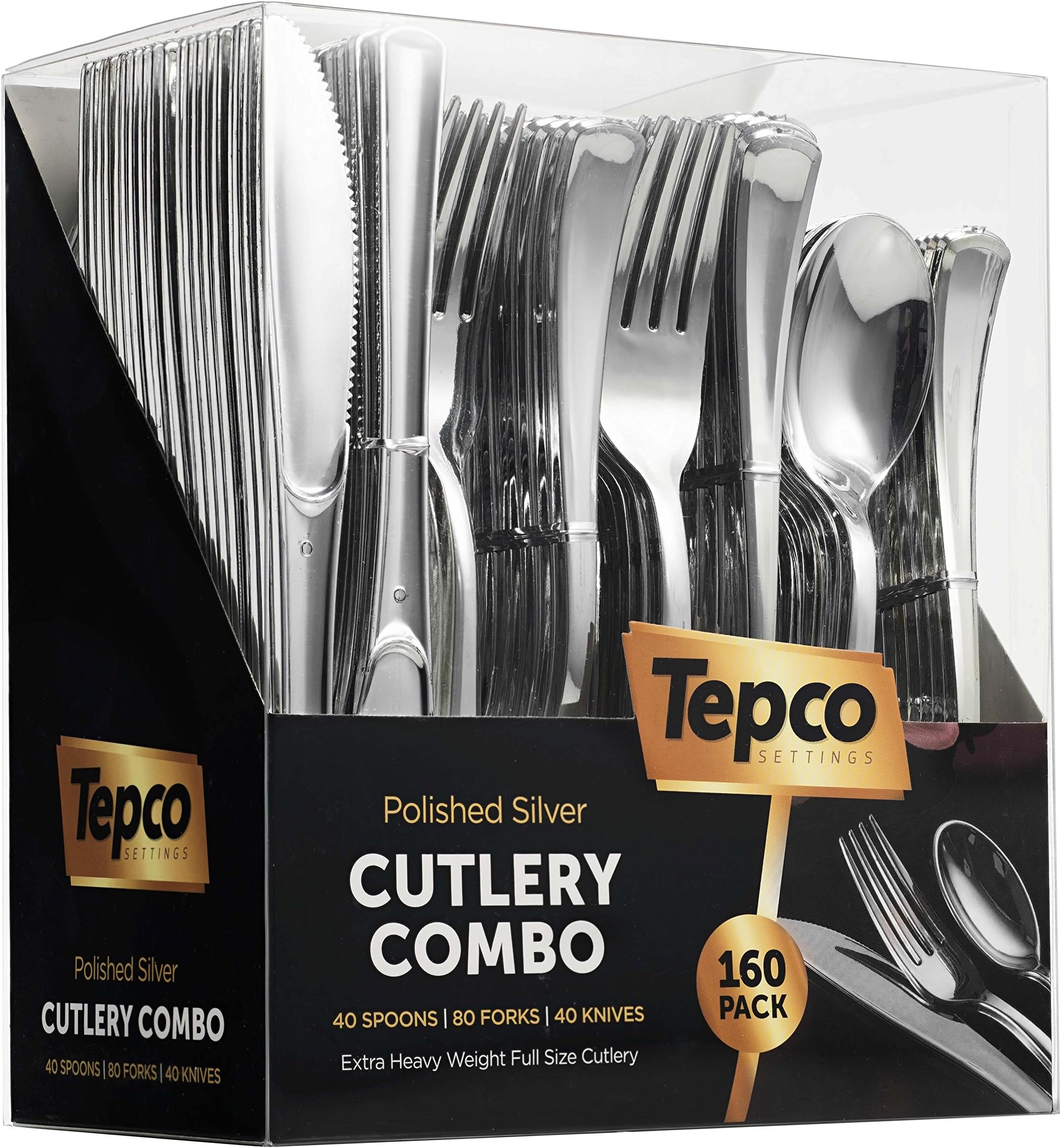 160 Plastic Silverware Set- Silver Cutlery Set - Disposable Flatware 80 Forks 40 Spoons Knives Heavy Duty Bulk Pack