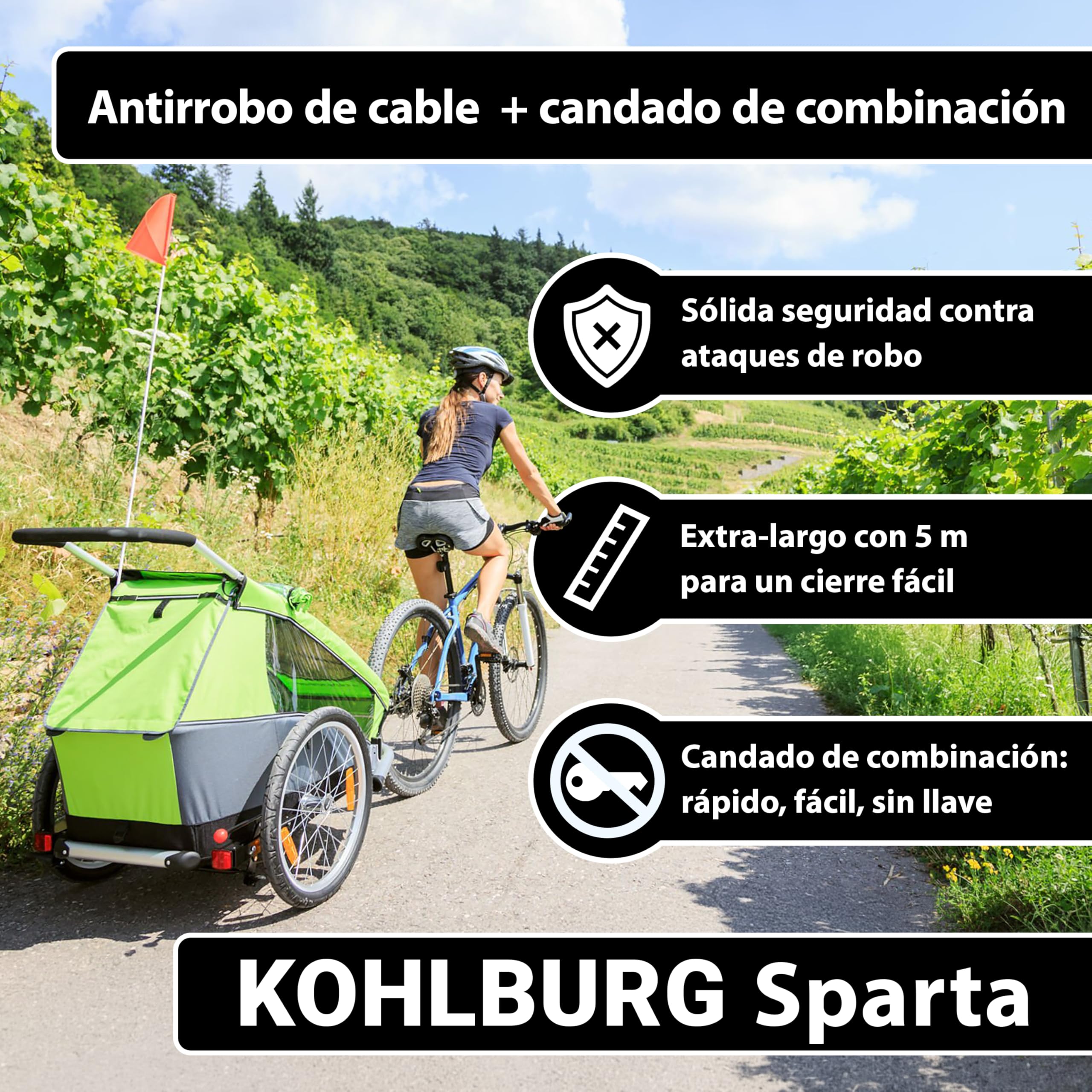 KOHLBURG Candado de cable con combinación 500cm candado bicicleta antirrobo | Candado combinacion 5 metros | Cable de acero con cintas de gancho y bucle | Antirrobo para bici, muebles de jardín, remolque