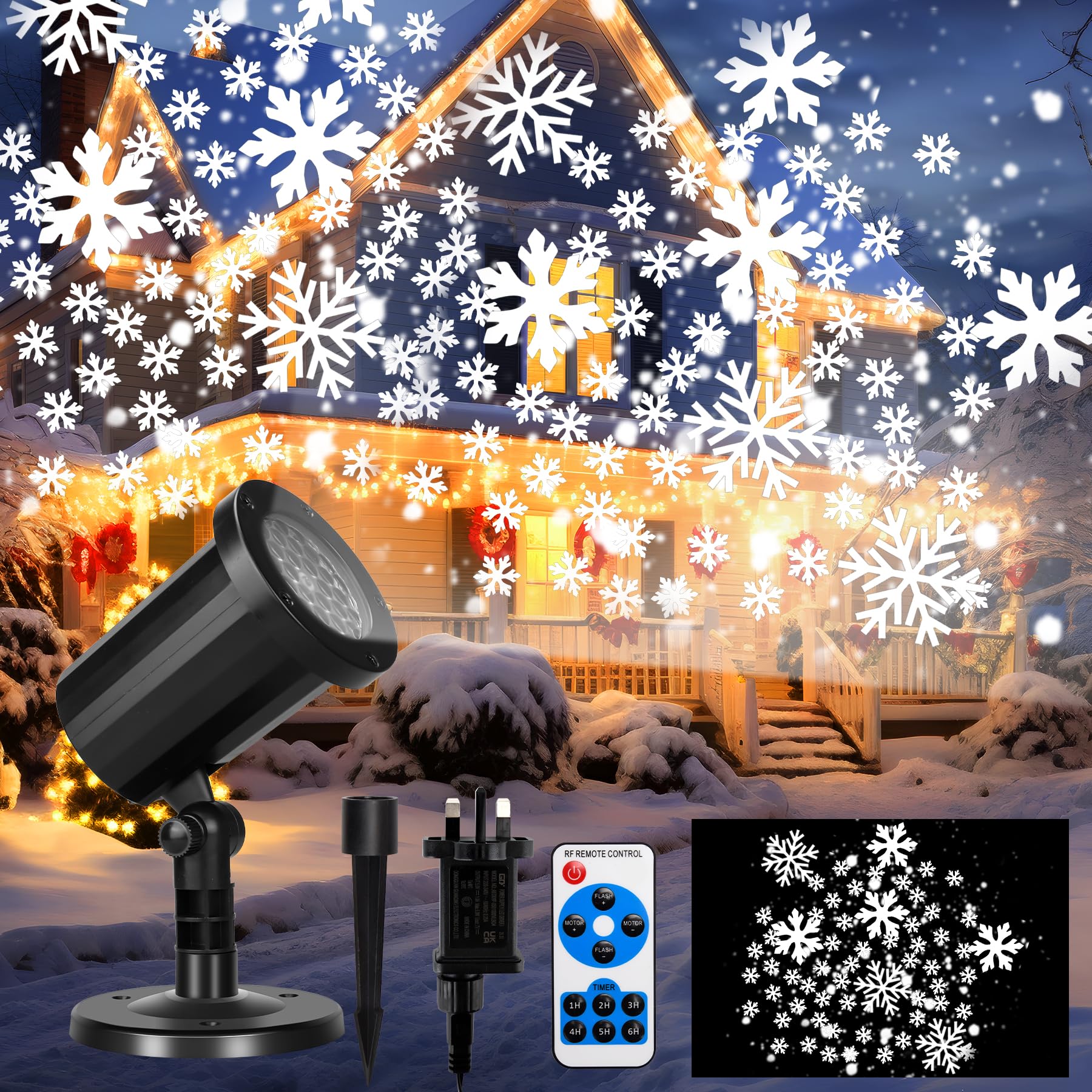 CSYY Christmas Projector Light with Remote & 5m Cable, Snow Flake Projector Lights Outdoor Indoor, HD lamp Automatic Rotation for Xmas, Party, Garden Home Decorative Snow Lighting