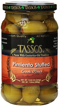 Tassos Evian Olives Stuffed with Natural Pimento, 12.84 Ounce