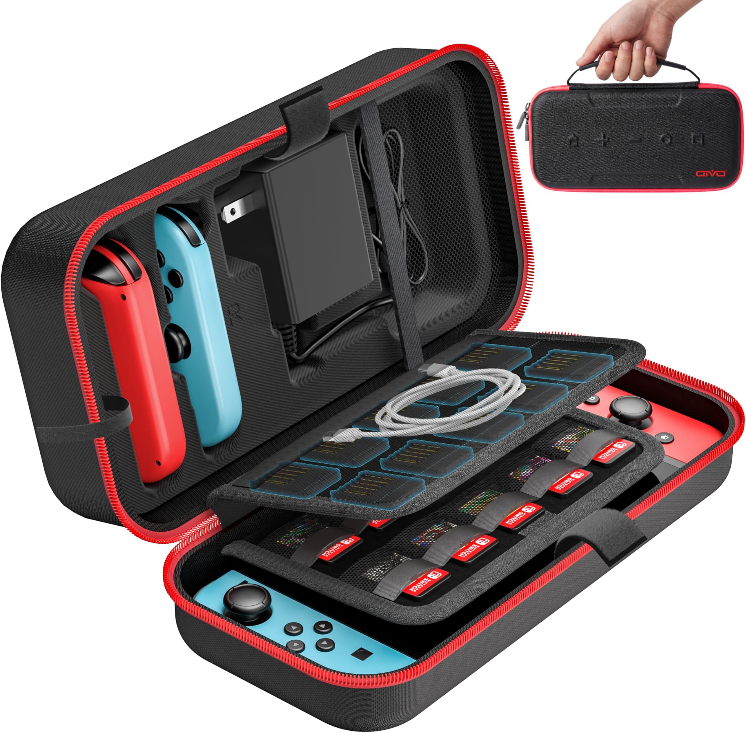 Oivo Switch Oled Carrying Case Compatible With & Oled, Portable Travel Carry Fit For Joy-Pap And Adapter, Hard Shell Protective Pouch 20 Games, Red