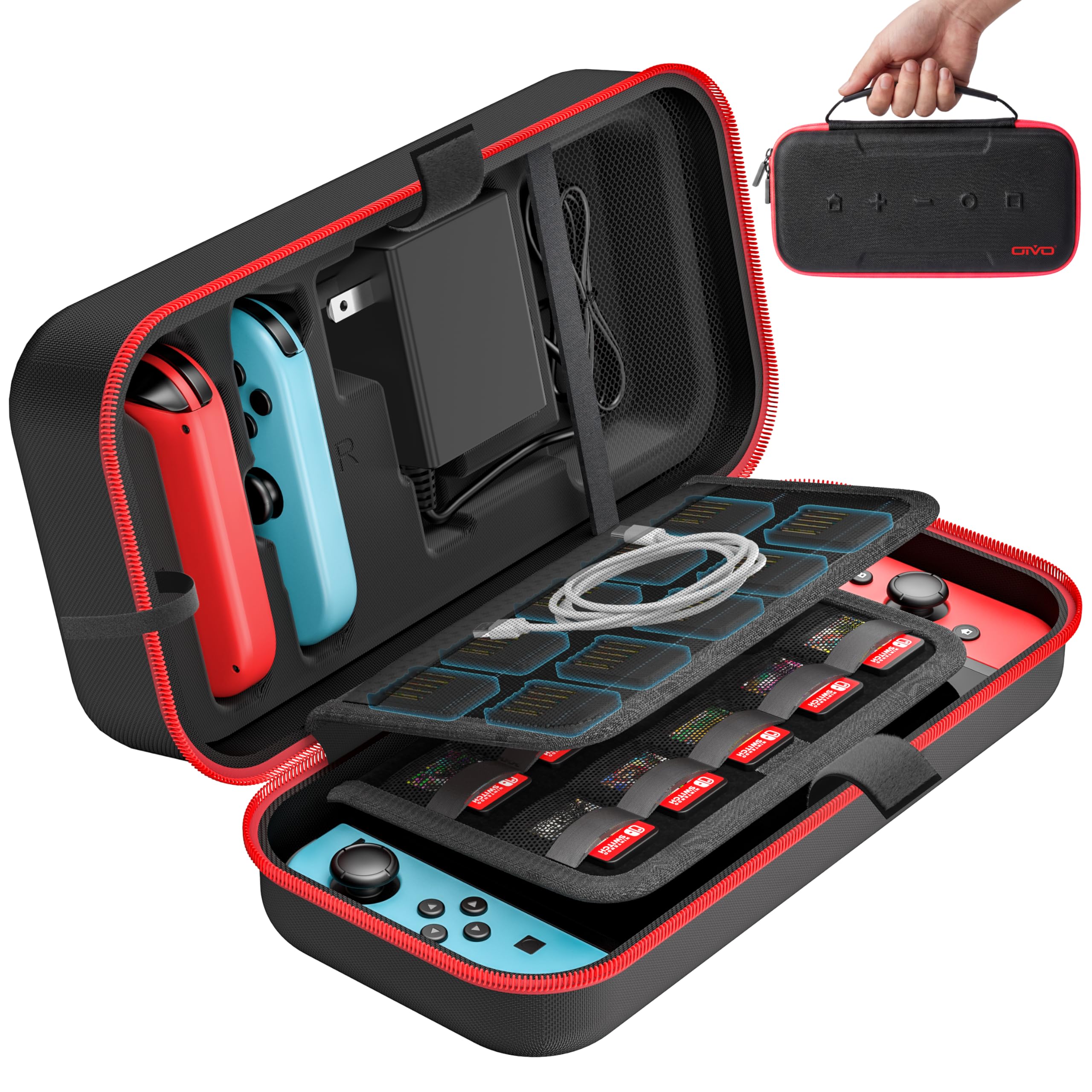 switch carrying case compatible with nintendo & oled, portable switch travel carry case fit for joy-con and adapter, hard shell protective oled pouch bag with 20 games, red interactive gaming figures