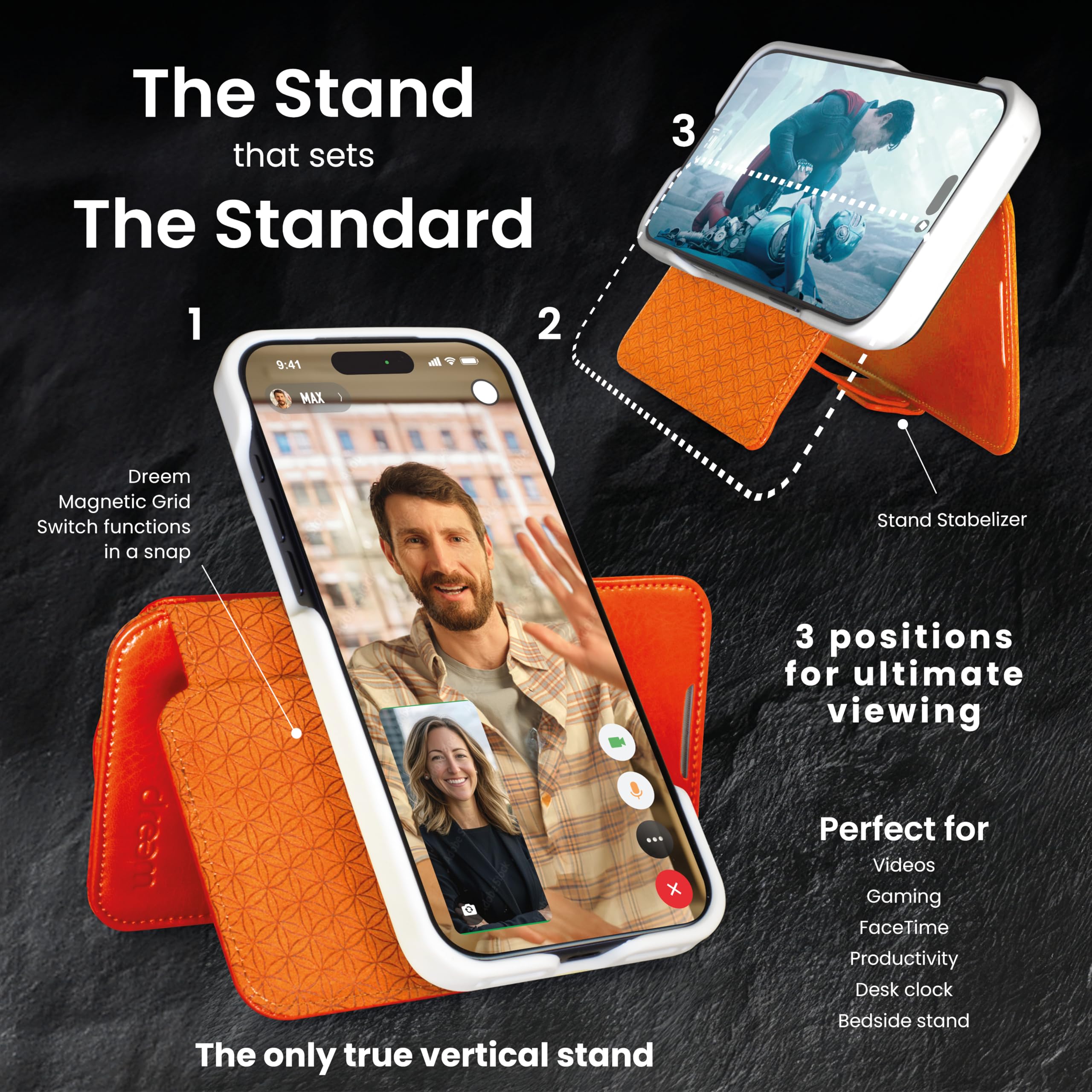 dreem Real Leather Wallet Case for iPhone 17 Pro Max, Revolutionary Vert/Hor Phone Stand, Magnetic Detachable Flip Cover RFID Blocking Card Holder, MagSafe-Fit, Gift Box [Fibonacci: Orange] - 3