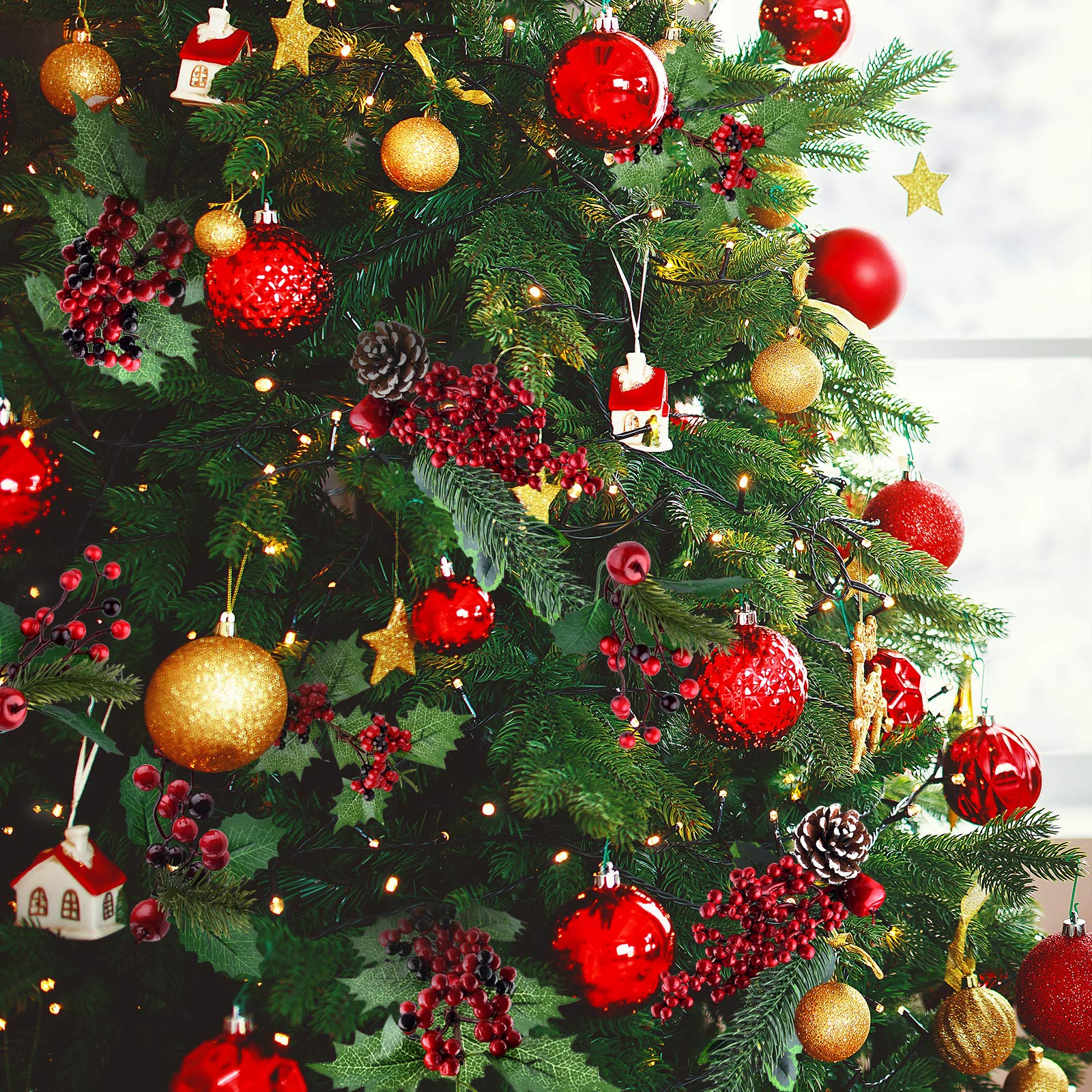 MIAHART 18 púas de Navidad con Ramas de Pino Artificiales, Tallos de Bayas Rojas, púas de Pino en Aerosol con piña, Manzanas, Hojas de Acebo para Manualidades, púas de Corona Floral