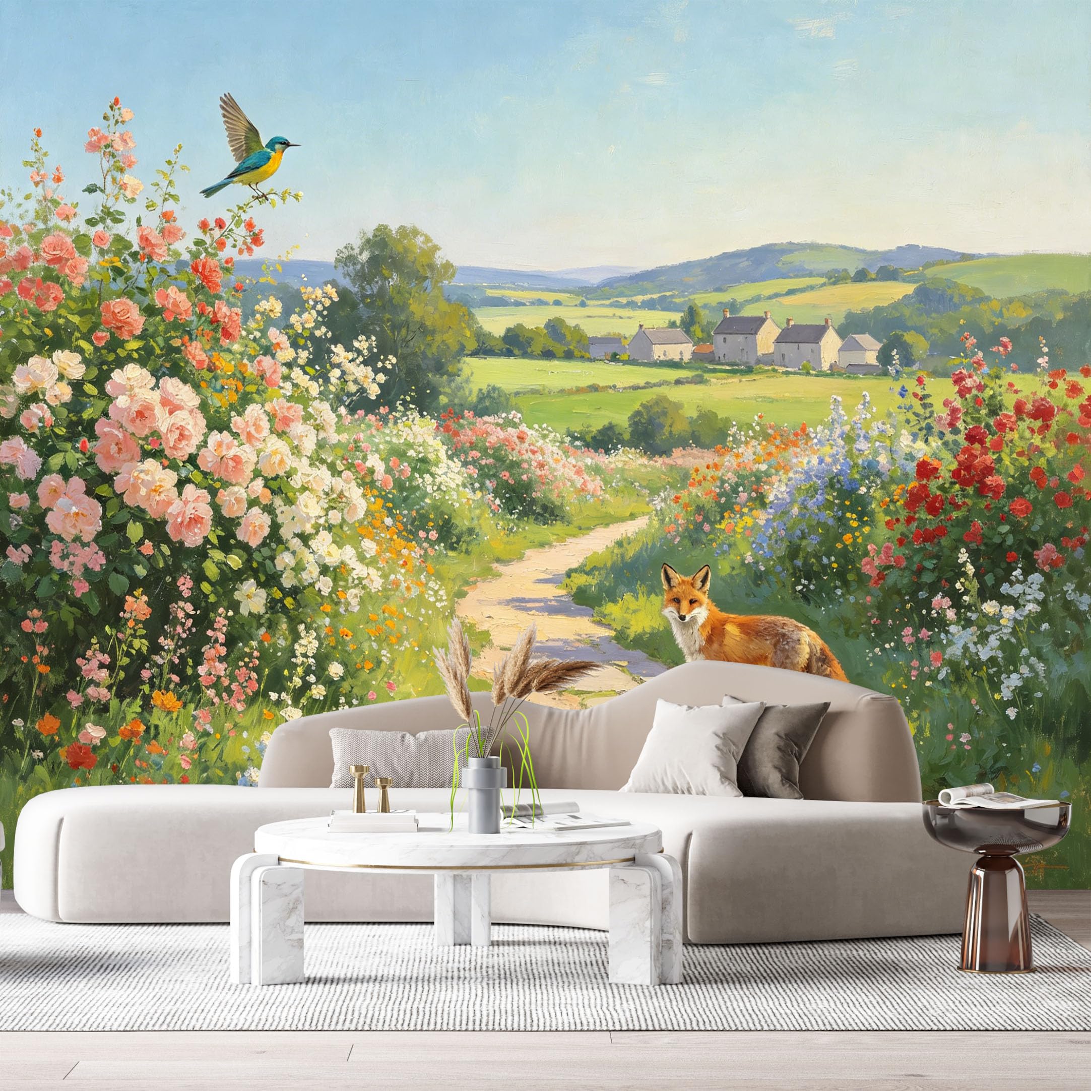 Custom Size Wall Murals Botanical Farmhouse Oil Painting Fox Bird Floral Pathway SelfAdhesive Wall Fabric Removable Large Wallpaper for Photo Living Room