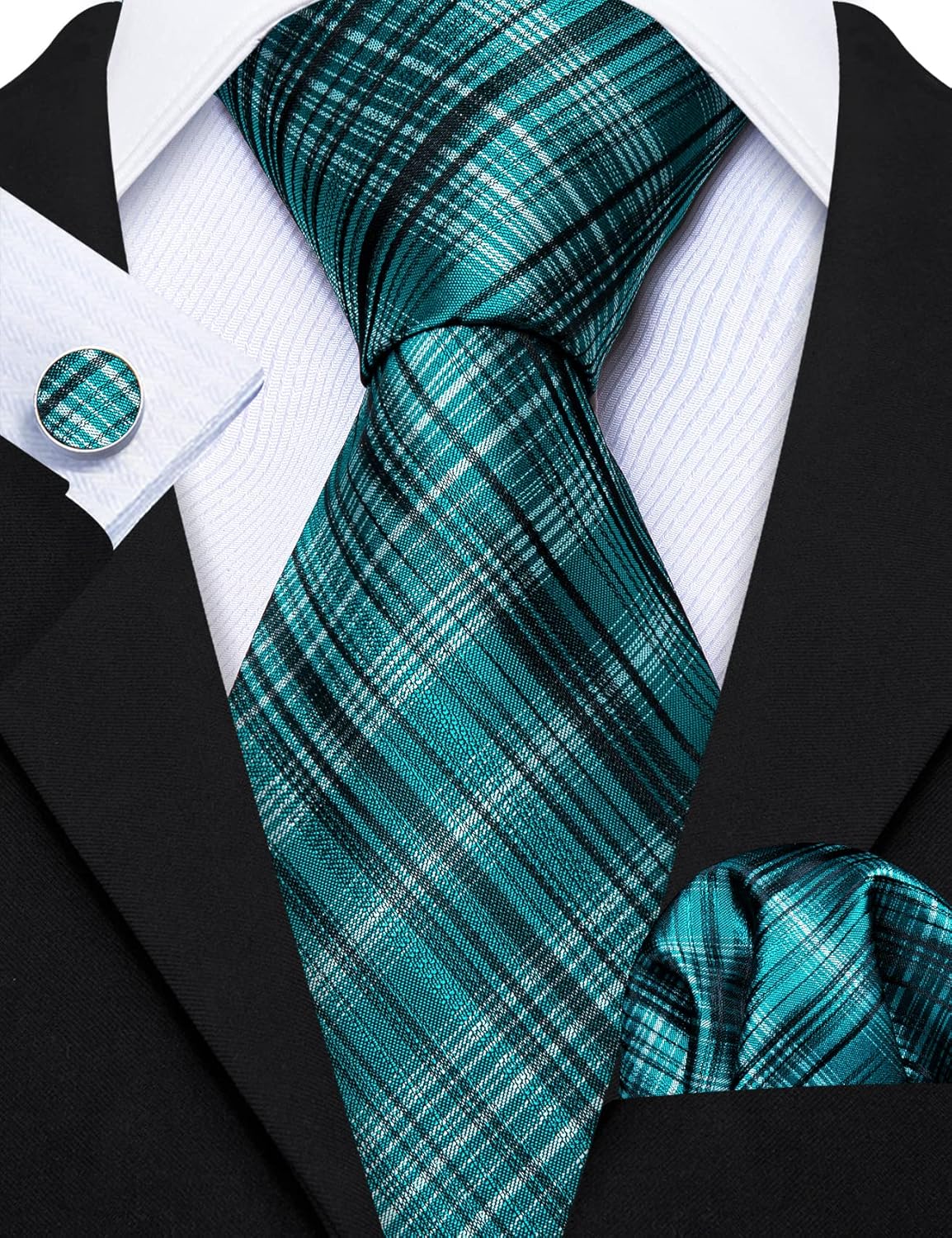 Barry.Wang Designer Classic Ties for Men Set Formal Pocket Square Cufflink Check Plaid - Image 2
