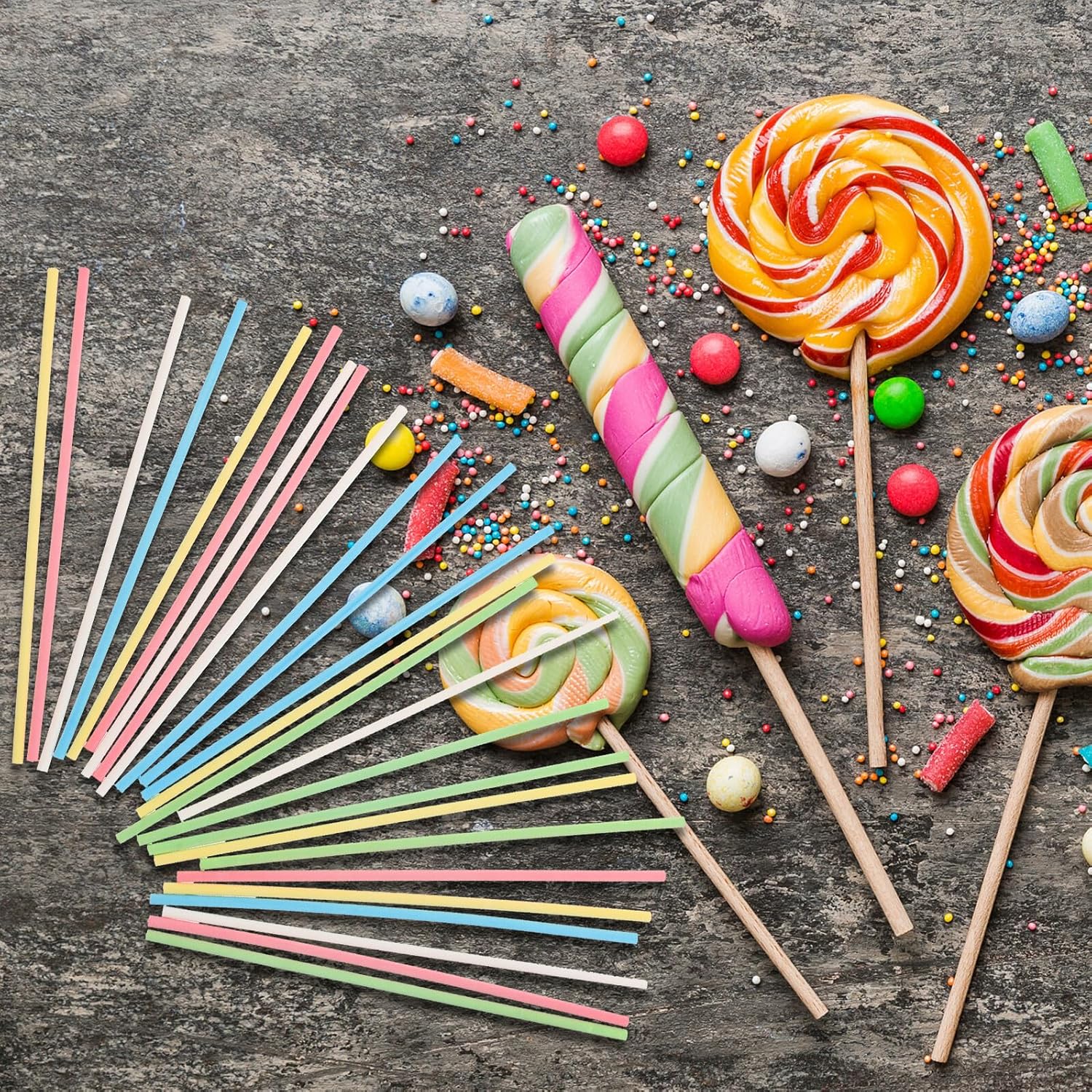 VANZACK 500pcs Food Grade Paper Lollipop Sticks, 150mm Cake Pop and Candy Making Rods, White Yellow Azure Green Watermelon Red for Baking and DIY Crafts