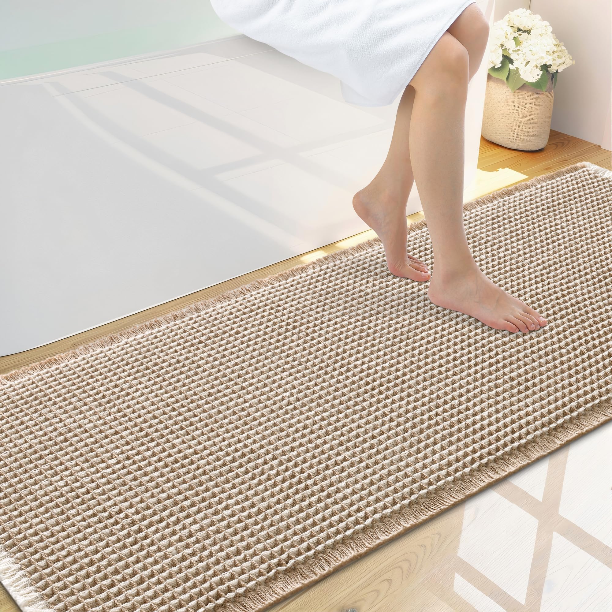 Smiry Waffle Bath Mat 59X20, Soft Absorbent Bathroom Rugs, Brown &amp; Cream