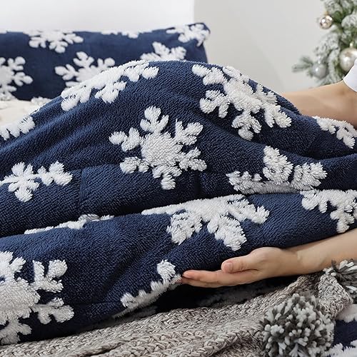 Miniatura 5 de JANZAA Juego de edredón de Navidad tamaño Queen, color azul marino, tamaño Queen con copos de nieve blancos, estereoscópico, juego de ropa de cama