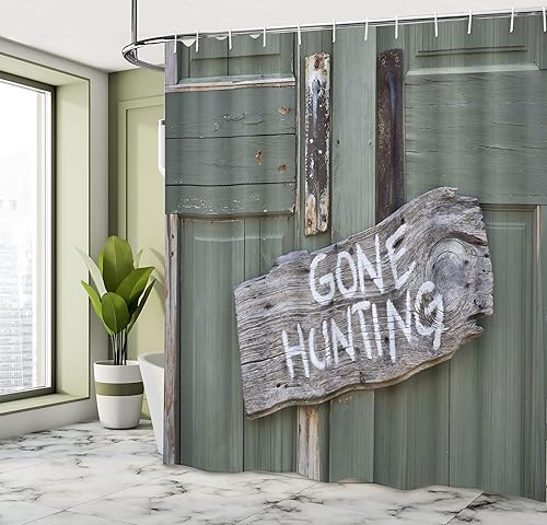 Miniatura 4 de Ambesonne Cortina de ducha de caza, Gone Hunting escrita en tablero de madera, puerta de cabaña desgastada, diversión de pasatiempos de temporada,
