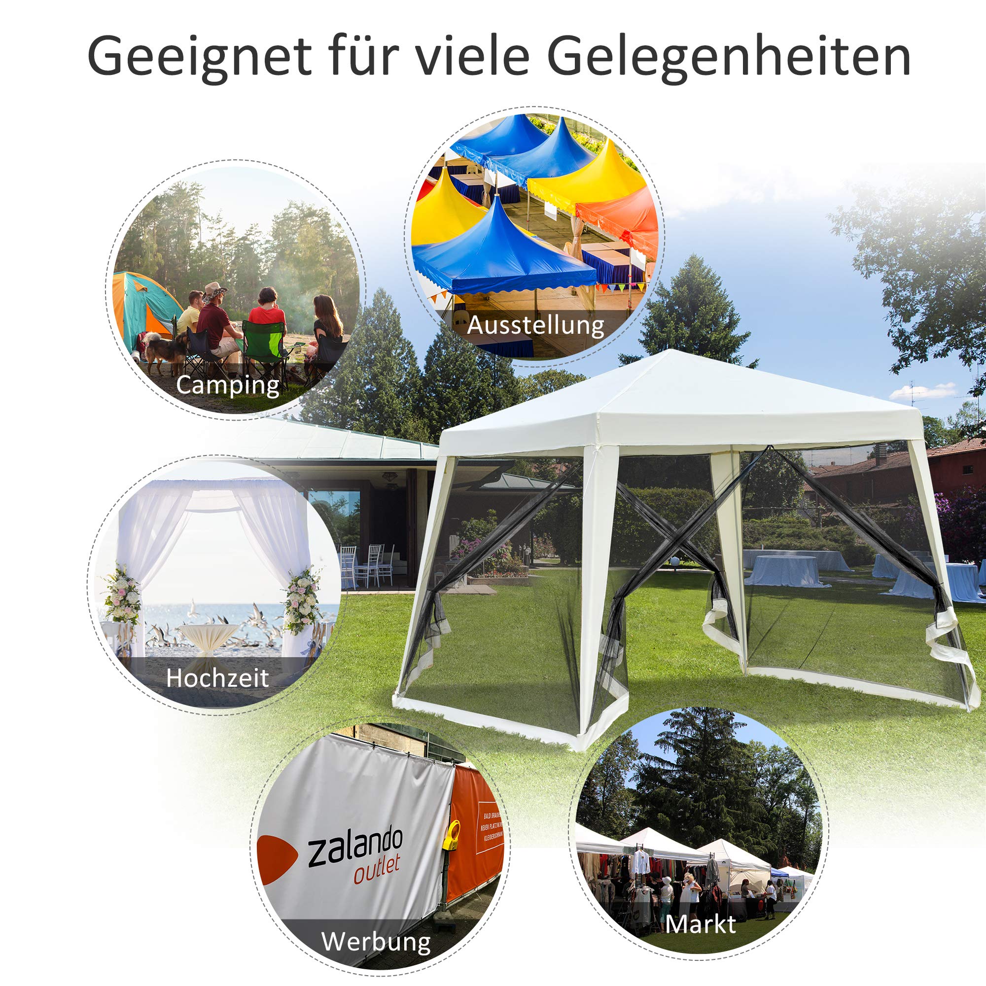 Outsunny tuinpaviljoen paviljoen feesttent partytent weerbestendige tent met muggengaas metaal + polyester beige 3 x 3 m