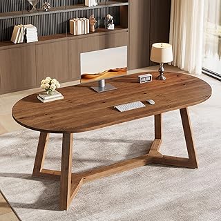 63-Inch Solid Wood Home Office Desk, Oval Executive Desk with Sturdy Tapered Legs, Farmhouse Computer Writing Table for Office, Study Room, Workstation (Brown)
