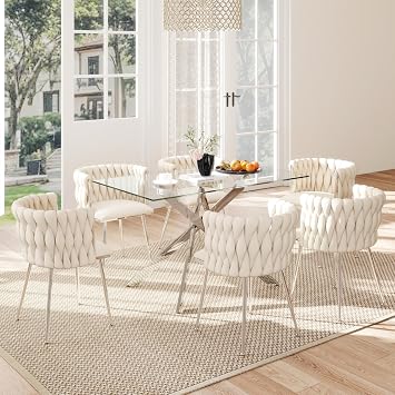 Modern Silver Glass Dining Set, 7 Pieces Minimalist Rectangle Dining Room Set for 6, 47 Clear Glass Top Kitchen Table Set with Beige Woven Chairs for Home, Small Apartment Living Room
