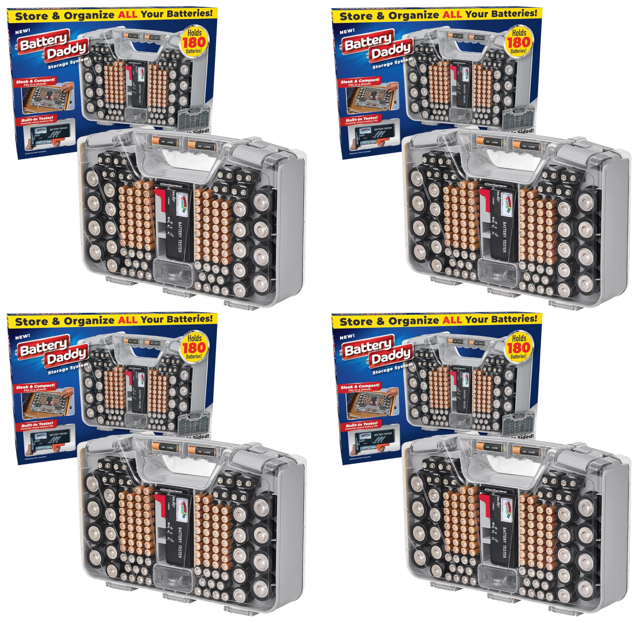 Battery Daddy Storage&amp;Organizer Case w/Tester,Stores&amp;Protects Up to 180 Batteries,Double-Sided,Clear Locking Lid,Secure Latches_&amp;Portable Carrying Handle-Warm Grey (Batteries Not Included) (Pack of 4)