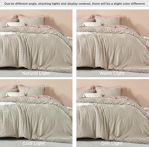 Miniatura 6 de Litanika Juego de edredón tamaño King de 3 piezas, juego de edredón bohemio de granja copetudo crema, juego de ropa de cama ligero y esponjoso para