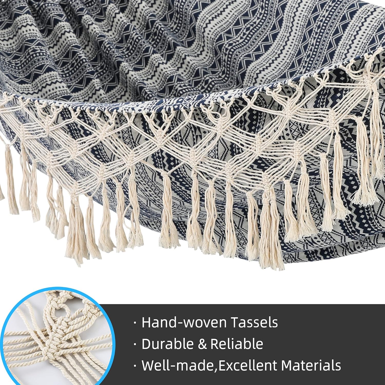 Portable Hammock with Tassel and Hammock Hooks,Garden Hammock with Tassels,2 Persons Indoor Hammocks with Portable Carry Bag Deluxe Macrame Fringe for Patio,Porch,Backyard,Beach,Outdoor