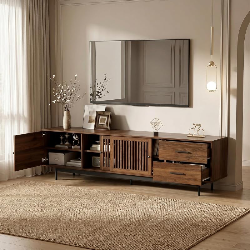 Merax 78" TV Stand for TVs Up to 85", Media Console with Slatted Doors image 2