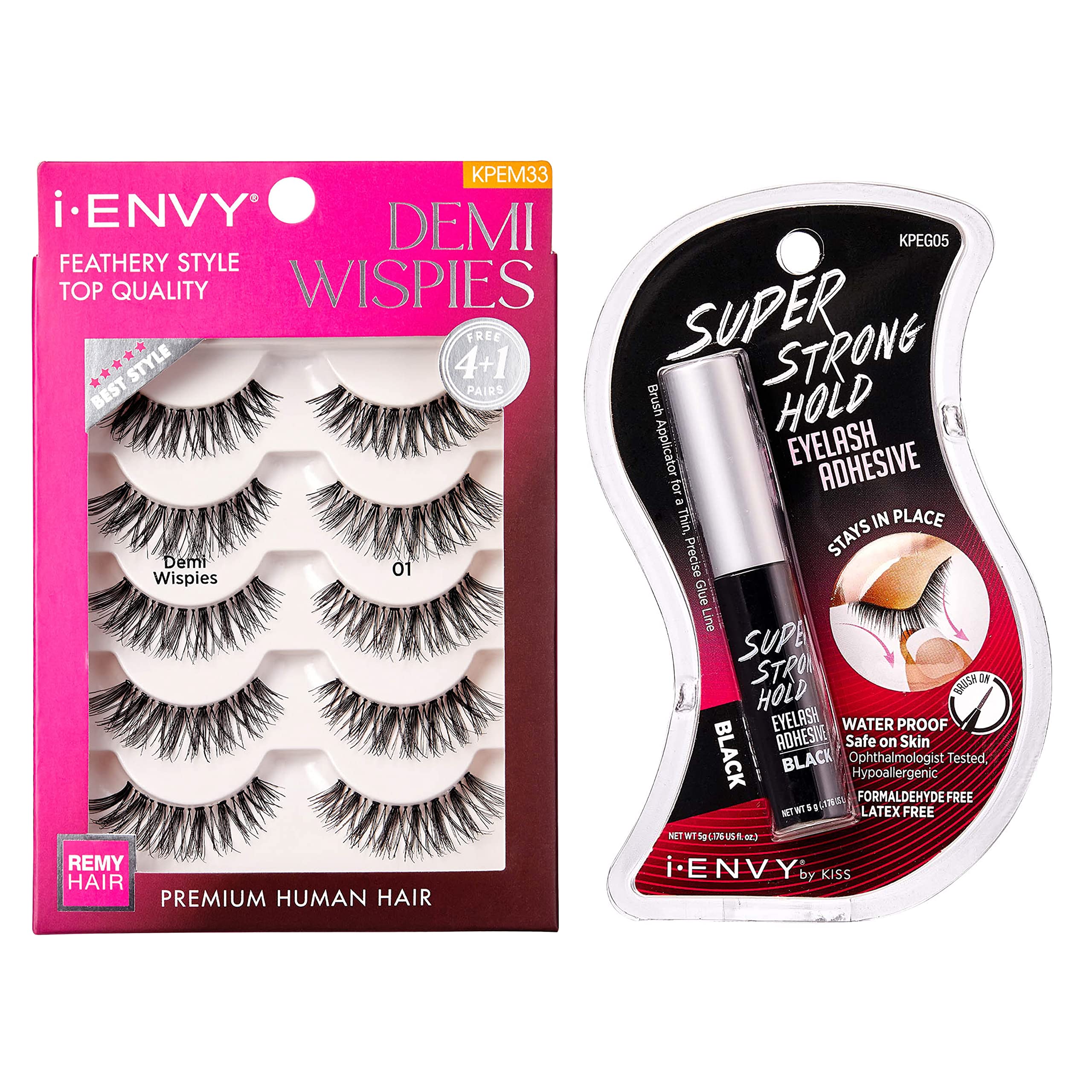 i•ENVY False Eyelashes and Lash Adhesive Set Demi Wispies Natural Lashes 5 Pairs Fake Eye Lashes (Black)