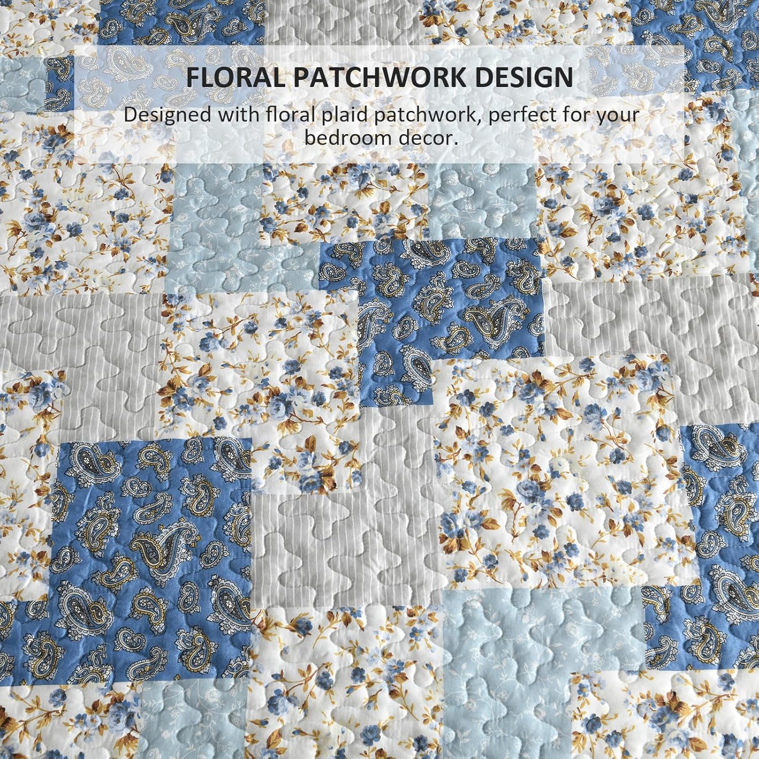 Mybedsoul Light Blue Quilt Set Queen Size, 3 Pieces Boho Plaid Floral Bedspread Set Microfiber Lightweight Bohemian Bedding Bedspread Coverlet Set for All Season 90"x96" - Image 6