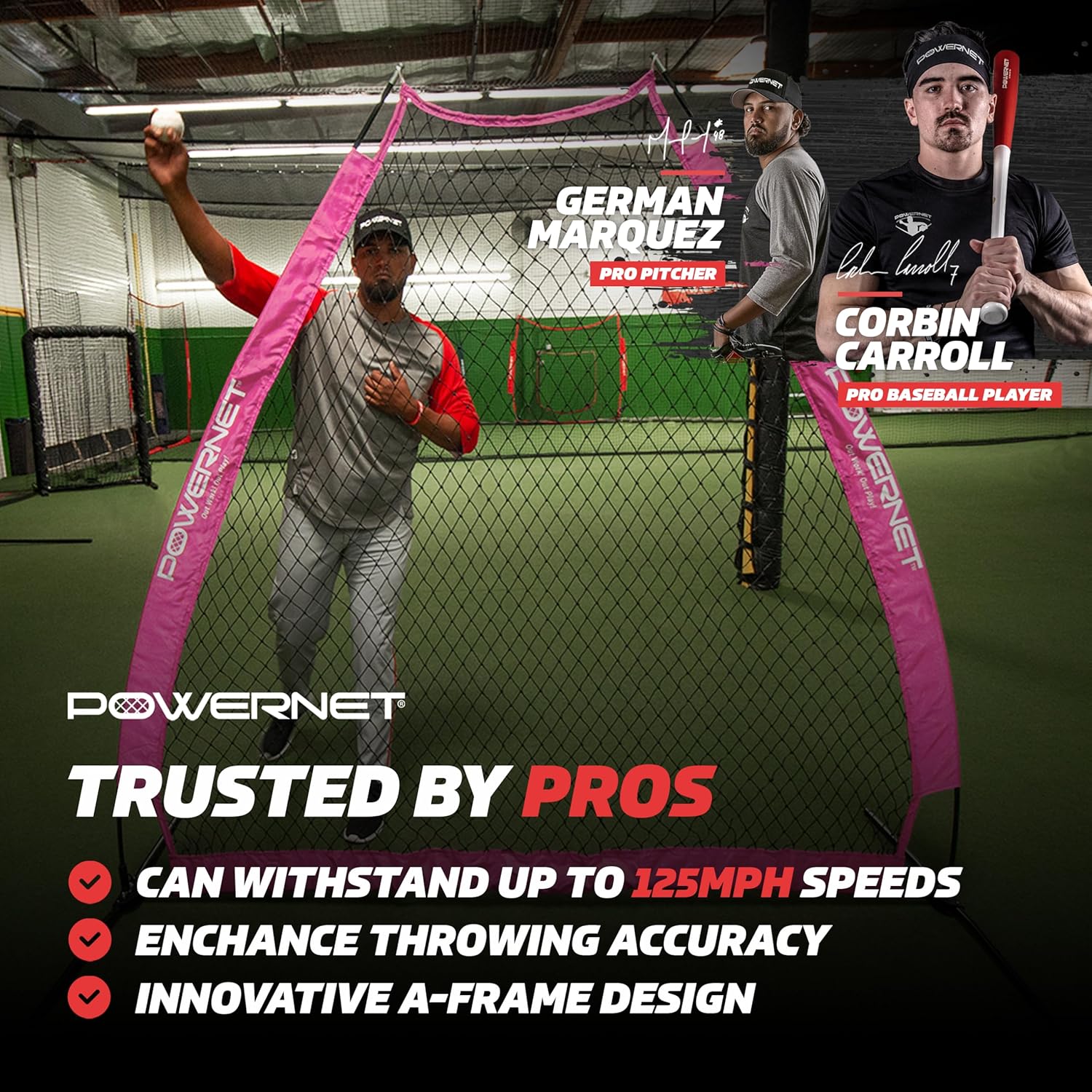 PowerNet Portable Baseball Practice Net for Pitching and Hitting, Outdoor Softball Training Equipment, Pop Up Batting Cage Net Coach Shield, 7 FT A-Frame Screen (Pink)