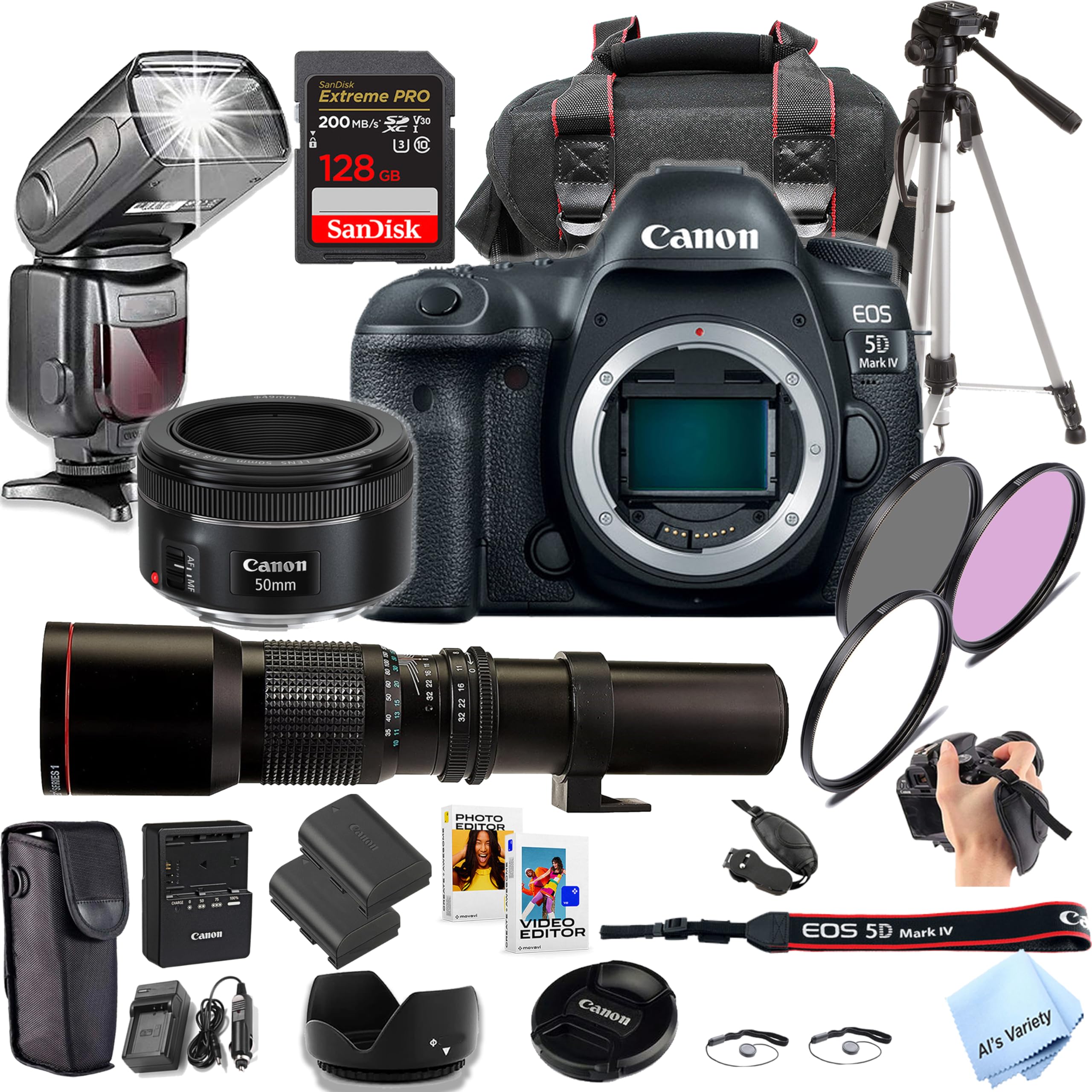 Canon EOS 5D Mark IV DSLR Camera with 50mm STM Prime Lens + 500mm F/8 Preset Telephoto Lens + TTL Speed Light Flash + 128GB Memory, Filters, Case, Tripod + More (Pro Photo Bundle) (Renewed)