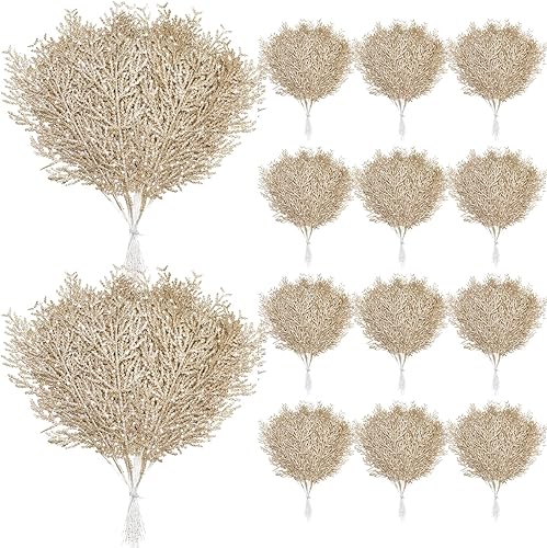 Giegxin 48 agujas de pino artificial con purpurina para boda, ramas de pino, ramas para árbol de boda, tallo brillante para Navidad, corona de