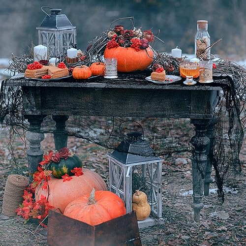 Miniatura 6 de Paño espeluznante de Halloween de 196 x 39 pulgadas, gasa espeluznante negra grande, cubierta de entrada para ventanas de entrada para fiesta de