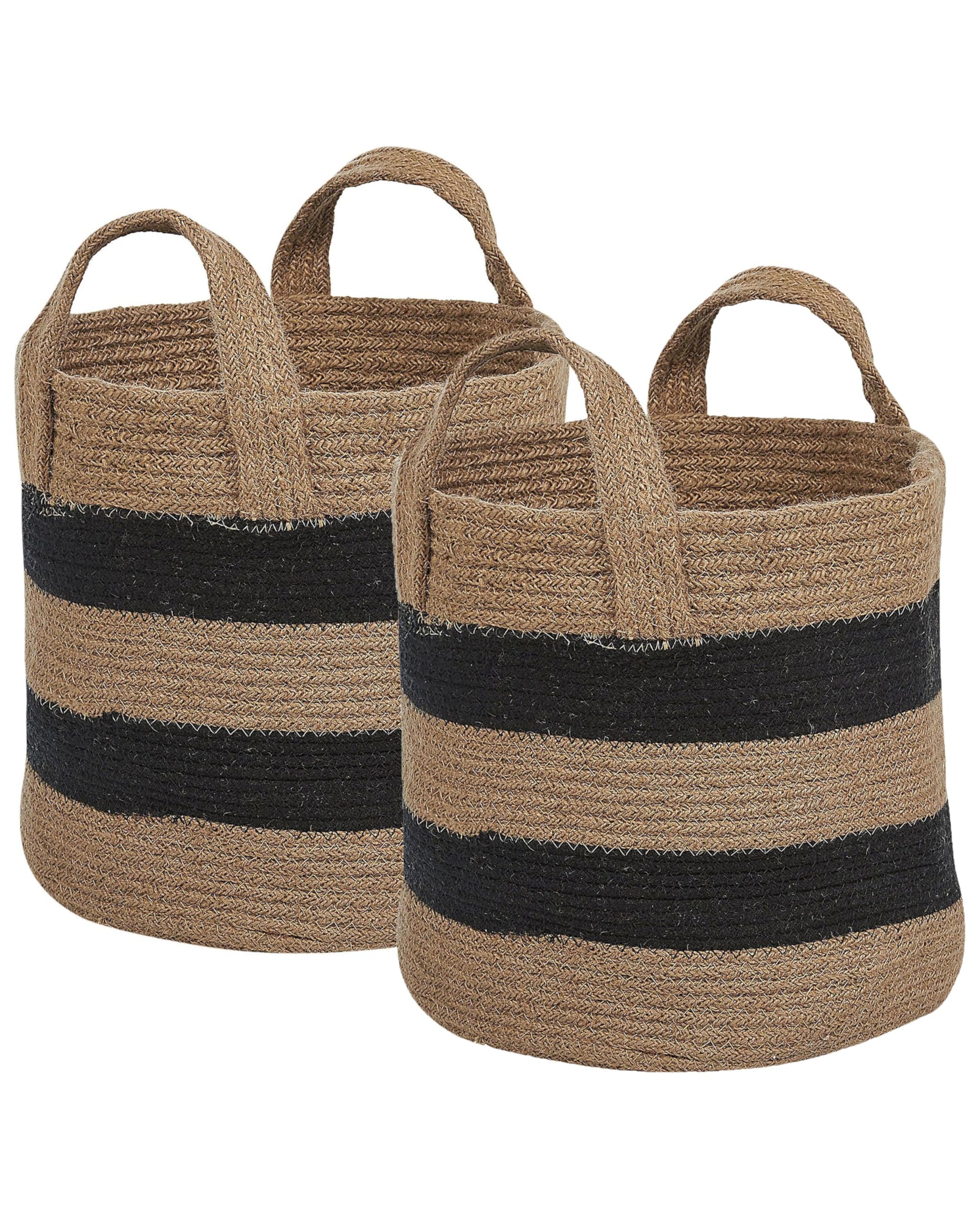 Korb Set aus 2 beigen und schwarzen Jute Körben mit Boho Muster Gerede