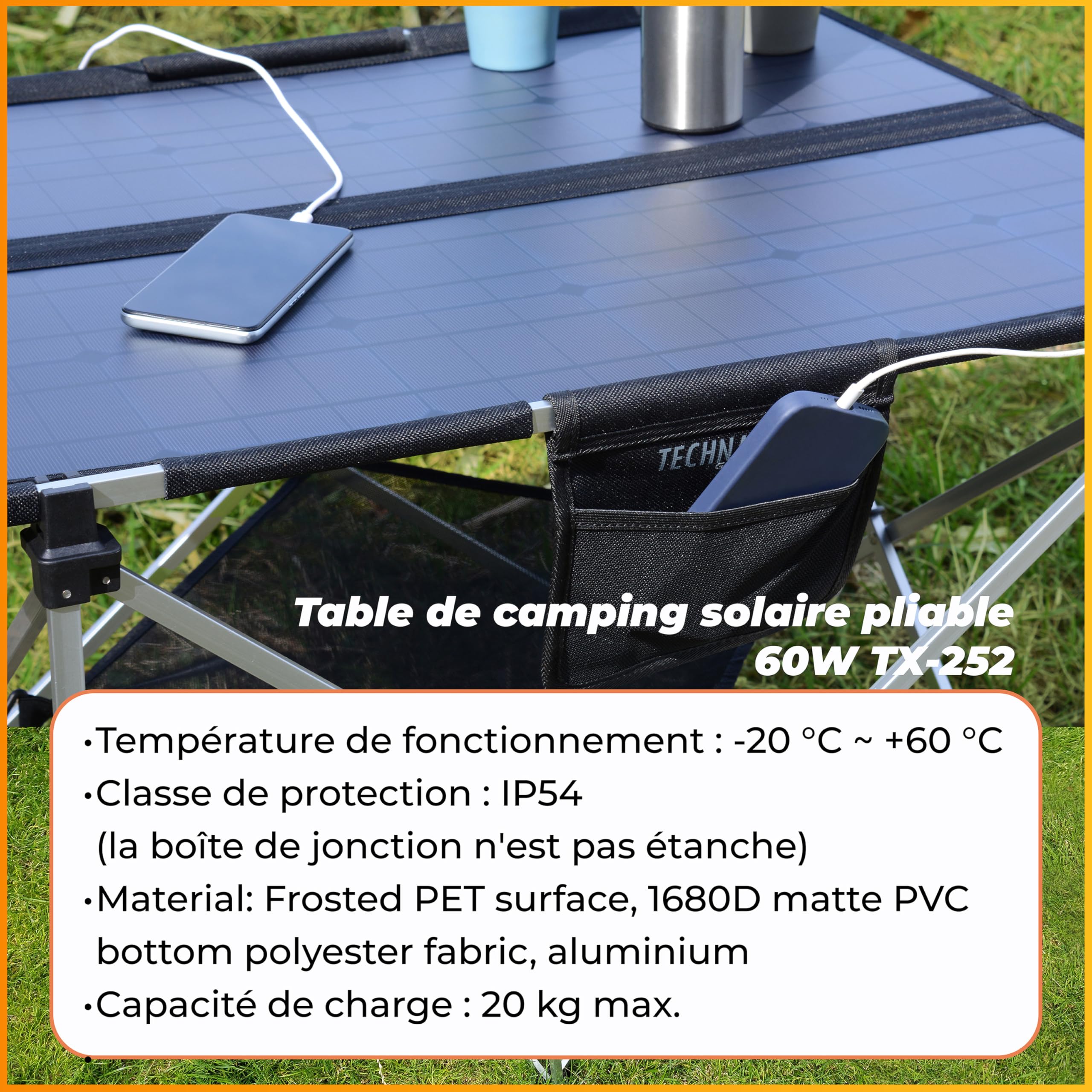 Technaxx Table de Camping Solaire Pliable 60 W TX-252, Panneau Solaire monocristallin avec 3 Ports USB, Sortie CC et élaboration Robuste – Parfait pour Le Camping et l'extérieur