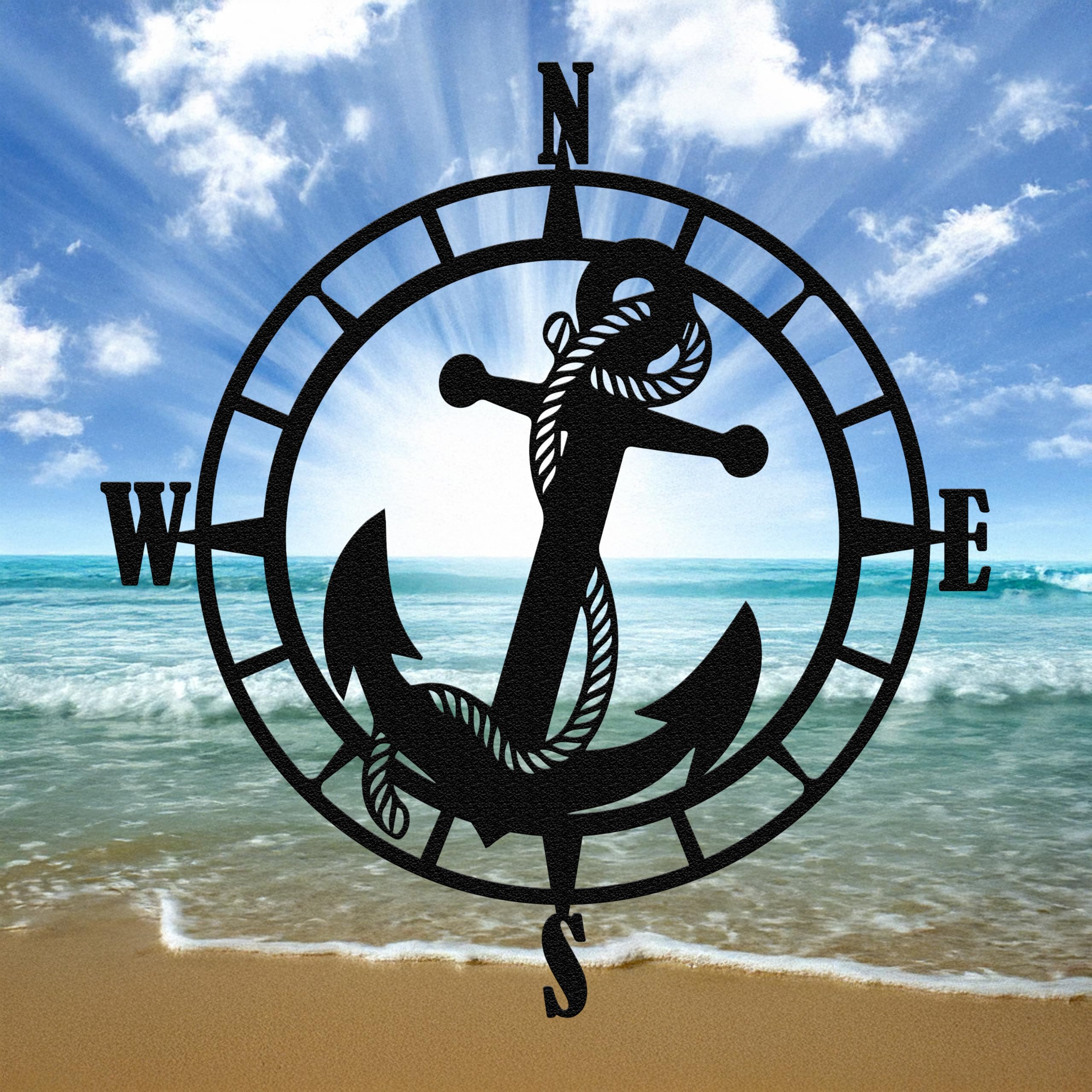 Nautical Themed Compass Rose Metal Art with Anchor