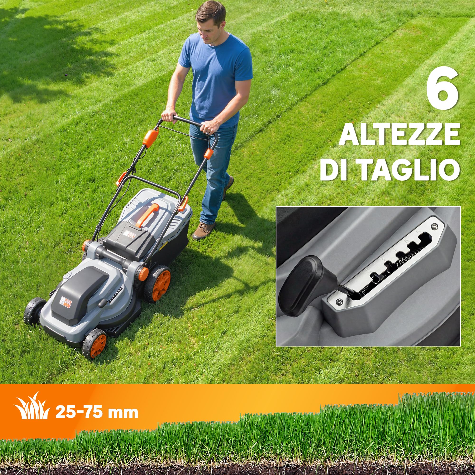 Cortacésped eléctrico Outsunny de 1800 W con anchura de corte de 40 cm, función de mulching y bolsa de 50 l, cortacésped eléctrico con mango desmontable y ajustable, 6 alturas de corte de 25-75 mm,