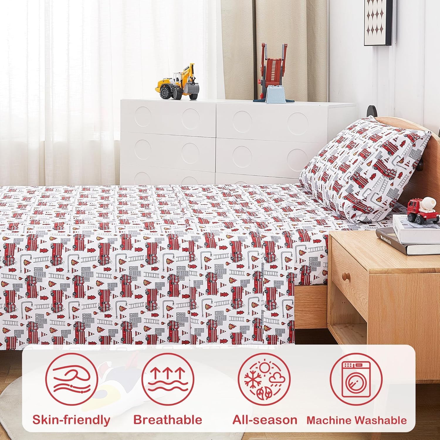 Softan Kids Bed Sheet Set, Boys Twin Size Sheets, Microfiber Kids Fitted Sheet and Pillowcase, Breathable and Silky Soft, 3 Piece Fire Engines Printed Twin Bed Sheet - Image 4