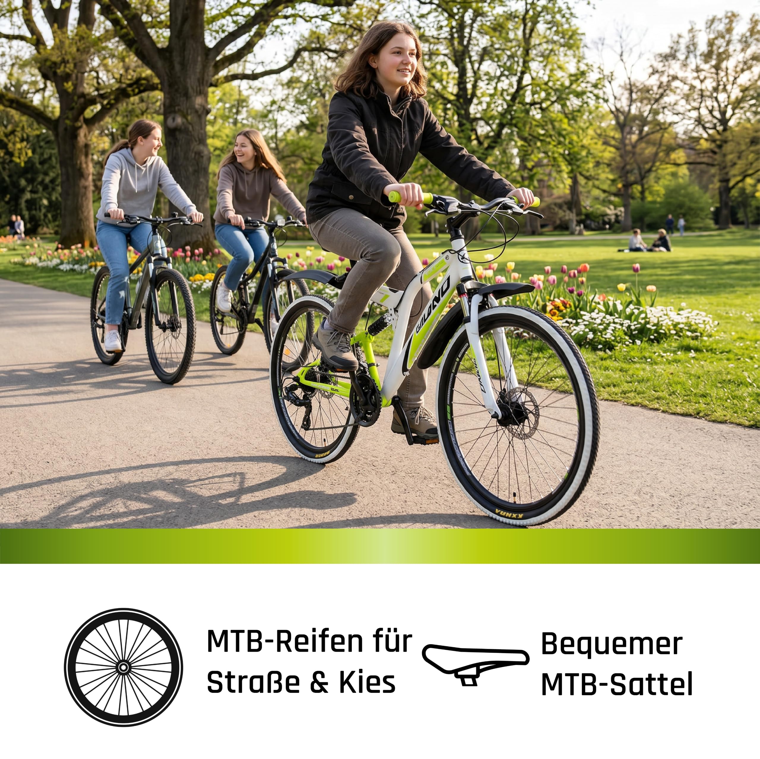 Galano Volt DS Mountainbike für Mädchen und Jungen ab 160 cm, Jugendfahrrad Unisex mit 21 Gangschaltung und Scheibenbremsen, Fahrrad MTB Fully Schutzblech (weiß/grün)