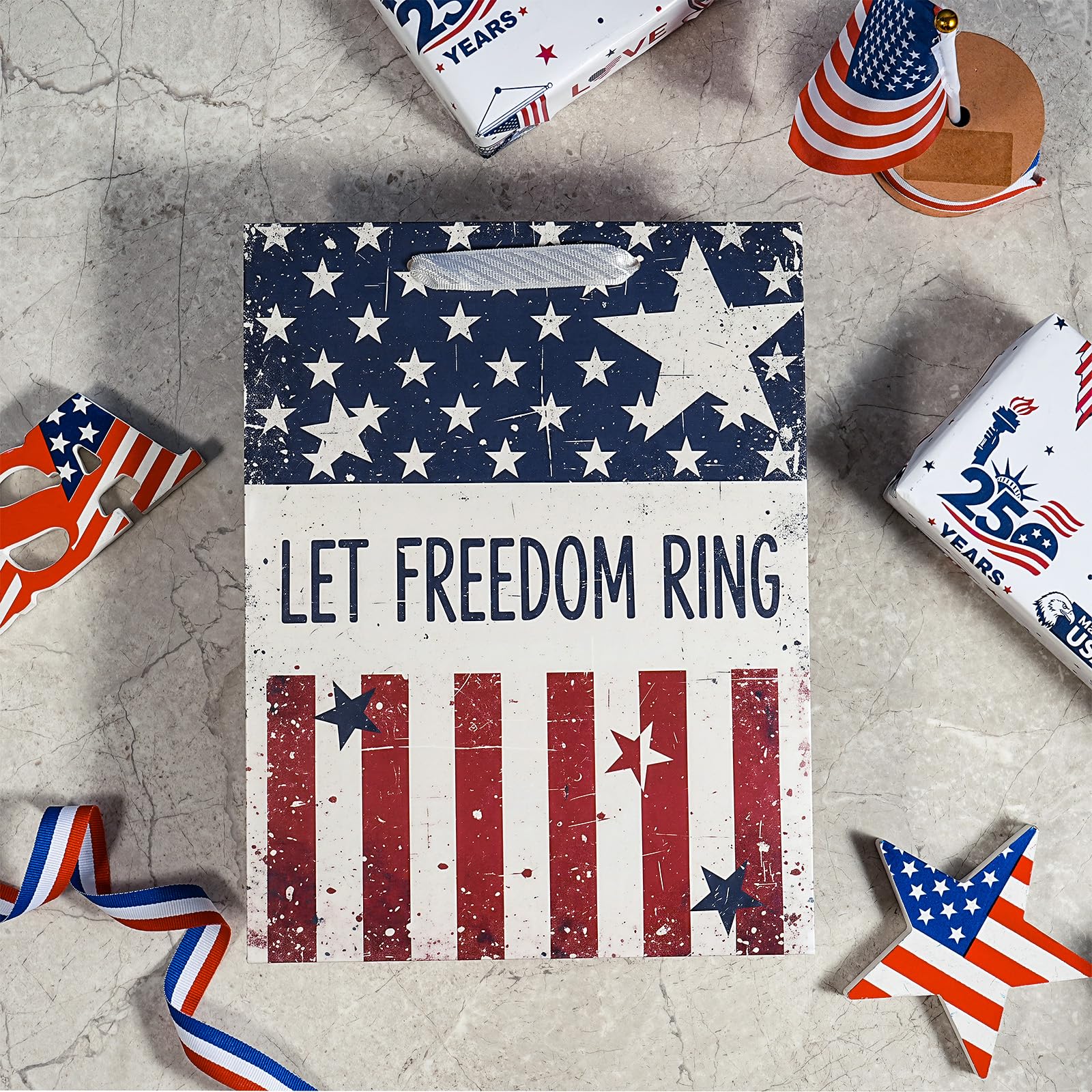 LeZakaa 13" Patriotic Gift Bag with Tissue Paper, Let Freedom Ring American Flag Gift Bag for 4th of July Independence Day Party Gifts, Memorial Day, 13" x 10" x 5", 1 Pc
