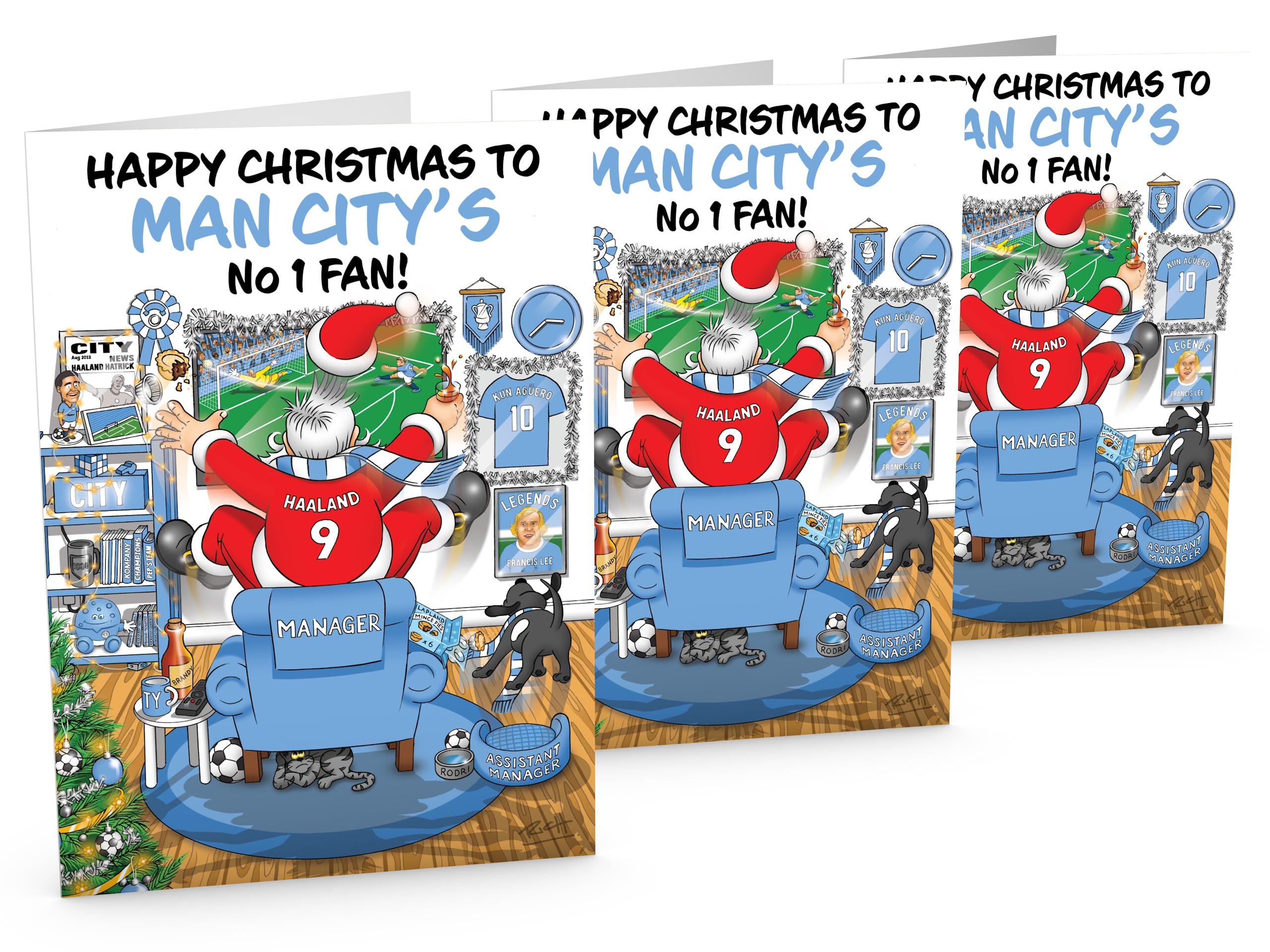 Football Christmas Card for Man City Fans – Pack of 3 Cards – Santa Jumping Out of Chair to Support Team – Funny Rear of Card Showing Rudolph Supporting Rival Club – Large A5 – Made in UK — image 1