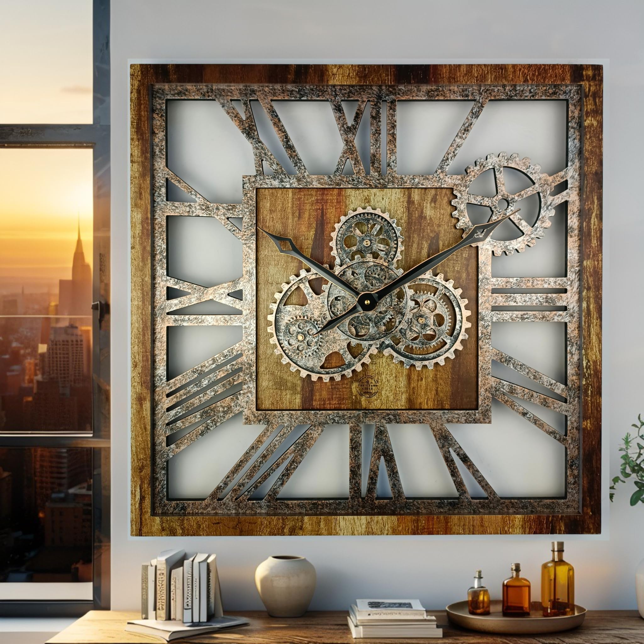 ImprovingLife The Gears Clock - Reloj de pared cuadrado de 61 cm con engranajes reales en movimiento, diseño vintage industrial extragrande, estilo rústico de granja (marrón vintage)